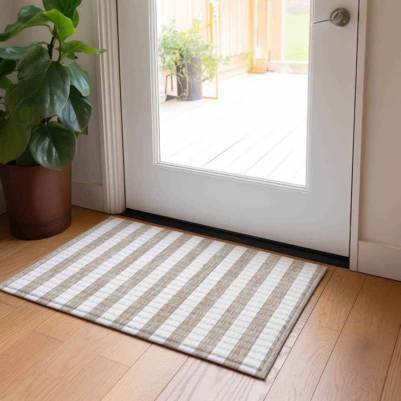 2' X 3' Taupe and White Striped Washable Indoor Outdoor Area Rug