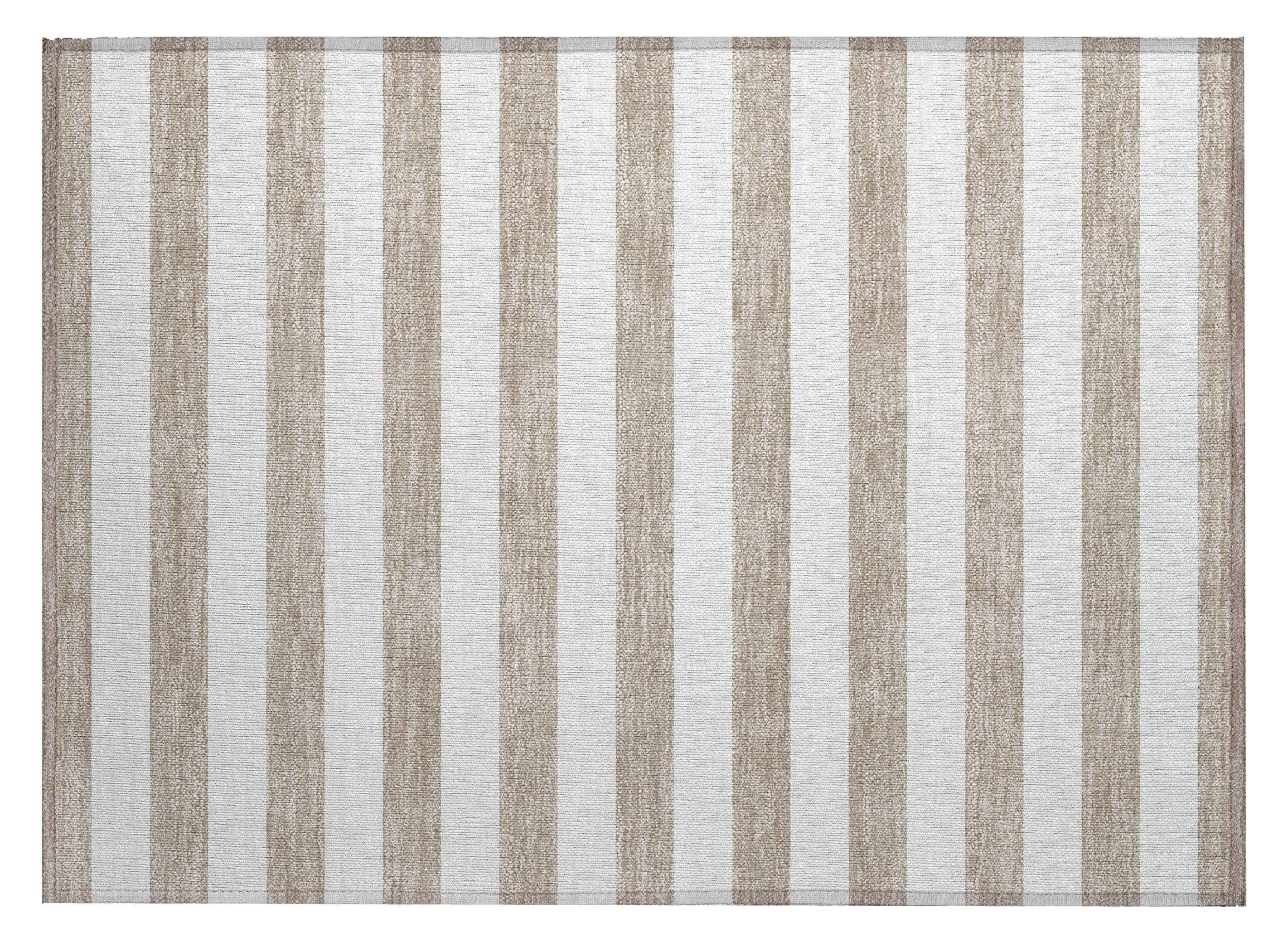 2' X 3' Taupe and White Striped Washable Indoor Outdoor Area Rug