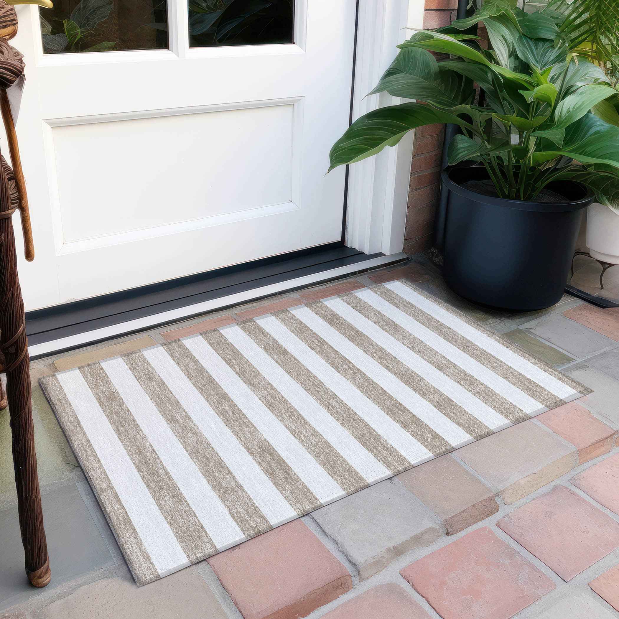 2' X 3' Taupe and White Striped Washable Indoor Outdoor Area Rug