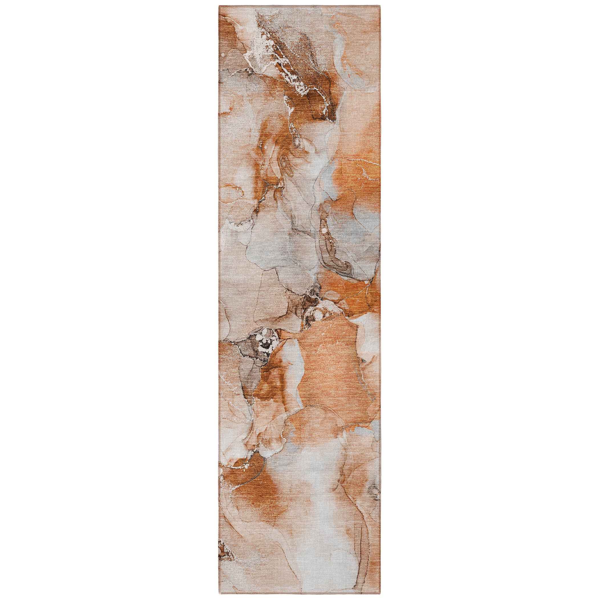 2' X 8' Orange and Ivory Abstract Washable Indoor Outdoor Runner Rug
