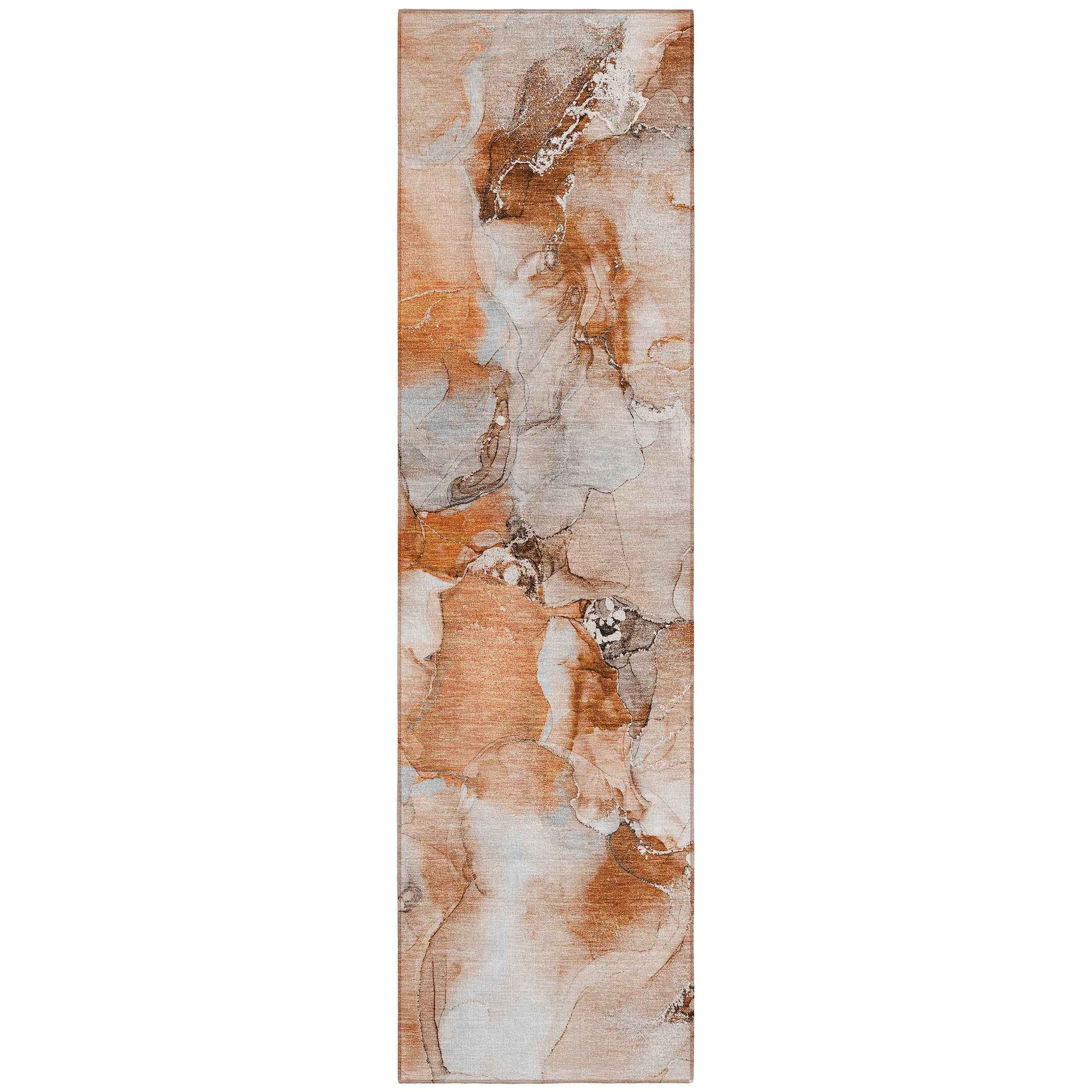 2' X 8' Orange and Ivory Abstract Washable Indoor Outdoor Runner Rug