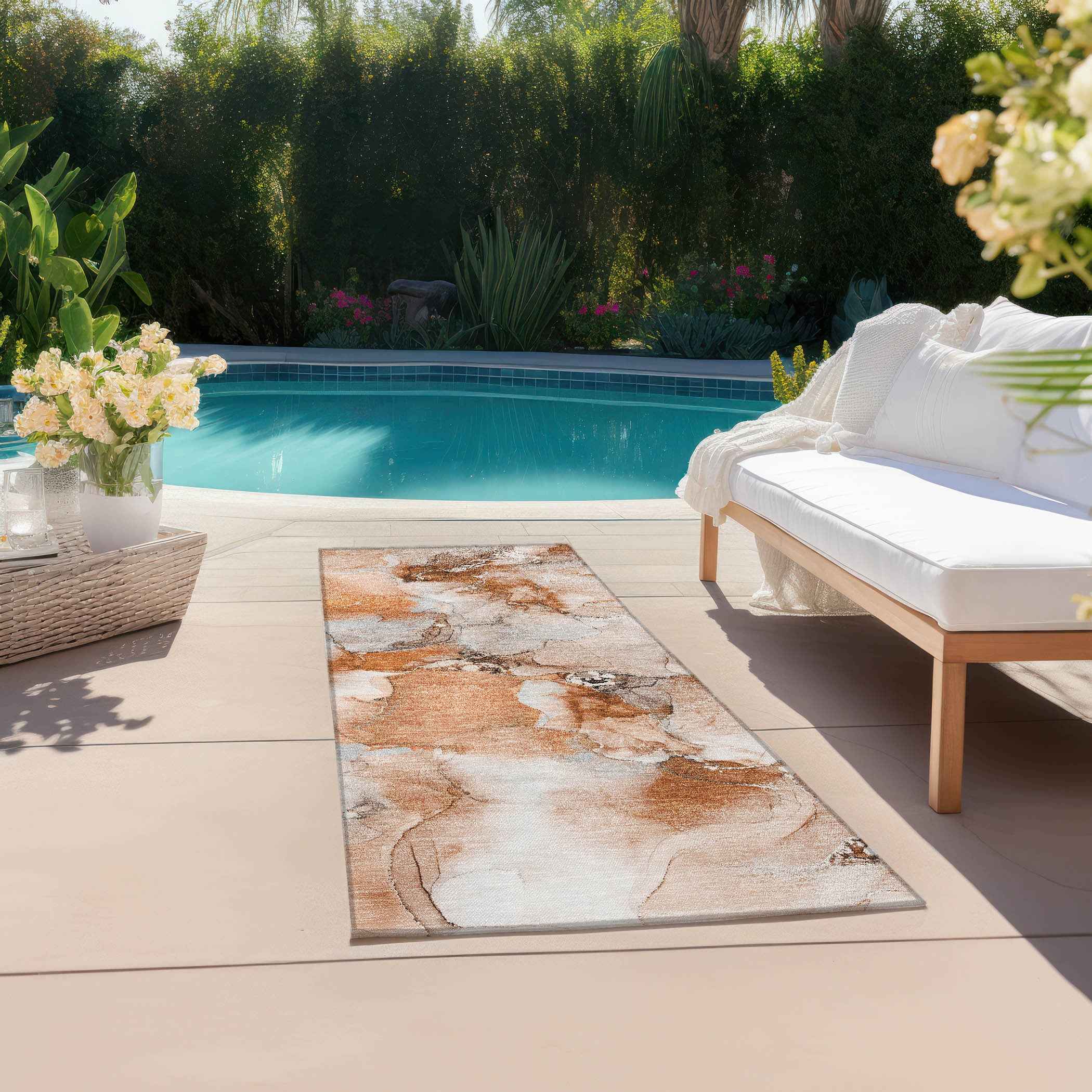 2' X 8' Orange and Ivory Abstract Washable Indoor Outdoor Runner Rug