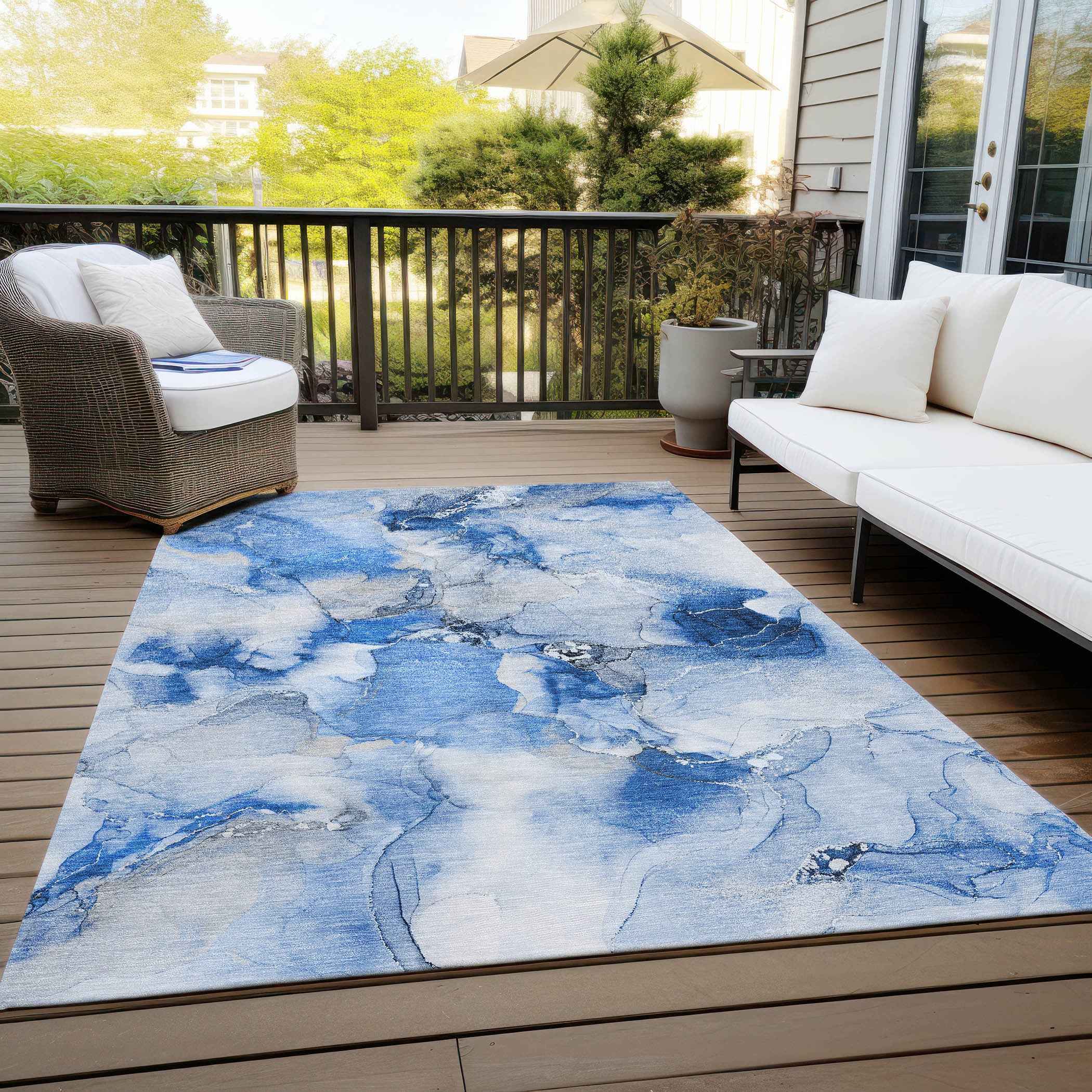 10' X 14' Navy Blue Abstract Washable Indoor Outdoor Area Rug