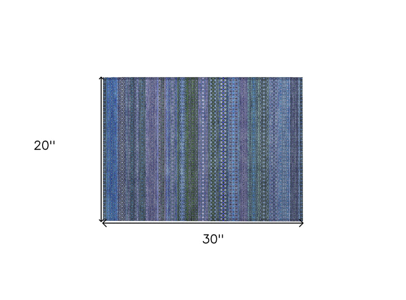 2' X 3' Blue and Green Striped Washable Non Skid Indoor Outdoor Area Rug