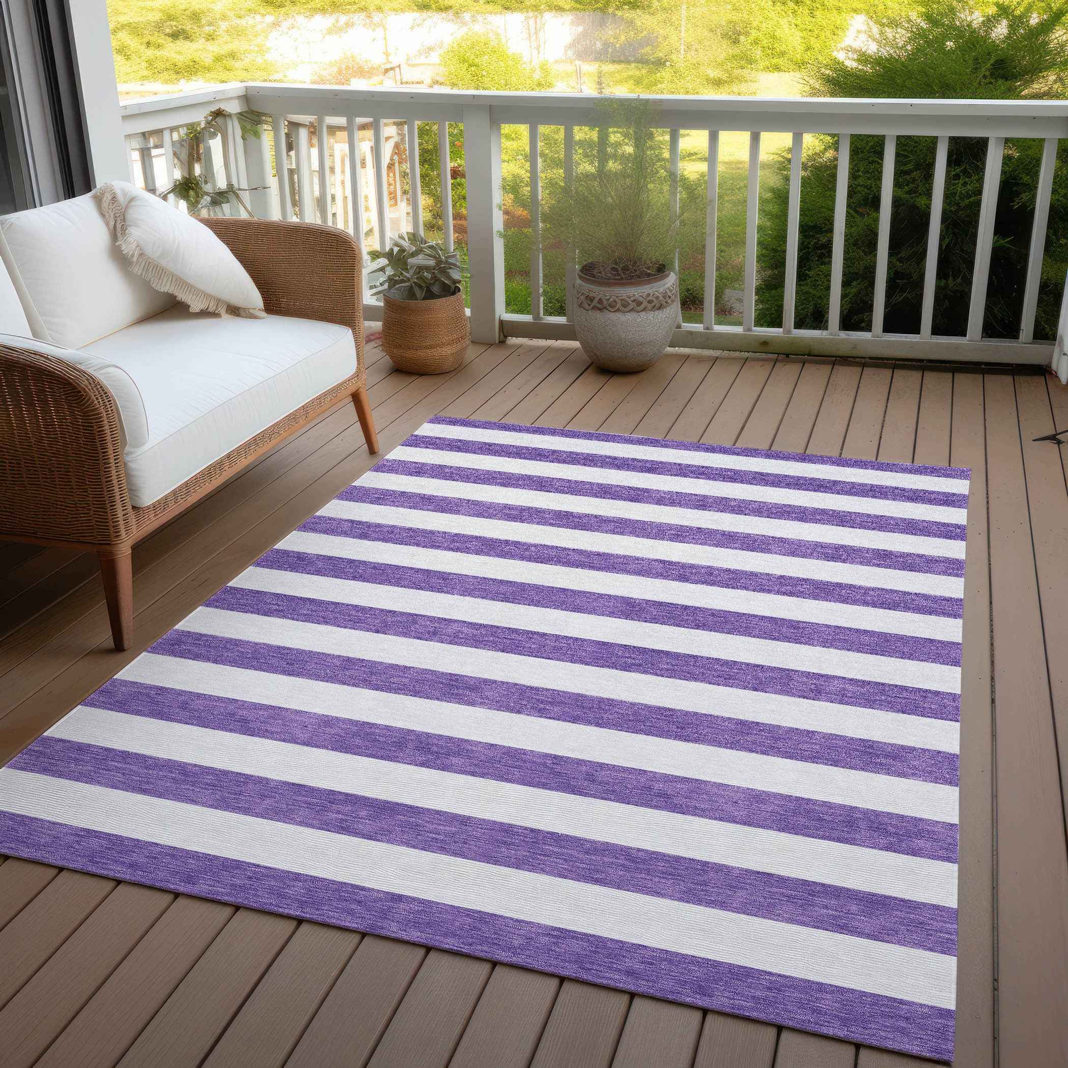 8' X 10' Purple and White Striped Washable Non Skid Indoor Outdoor Area Rug