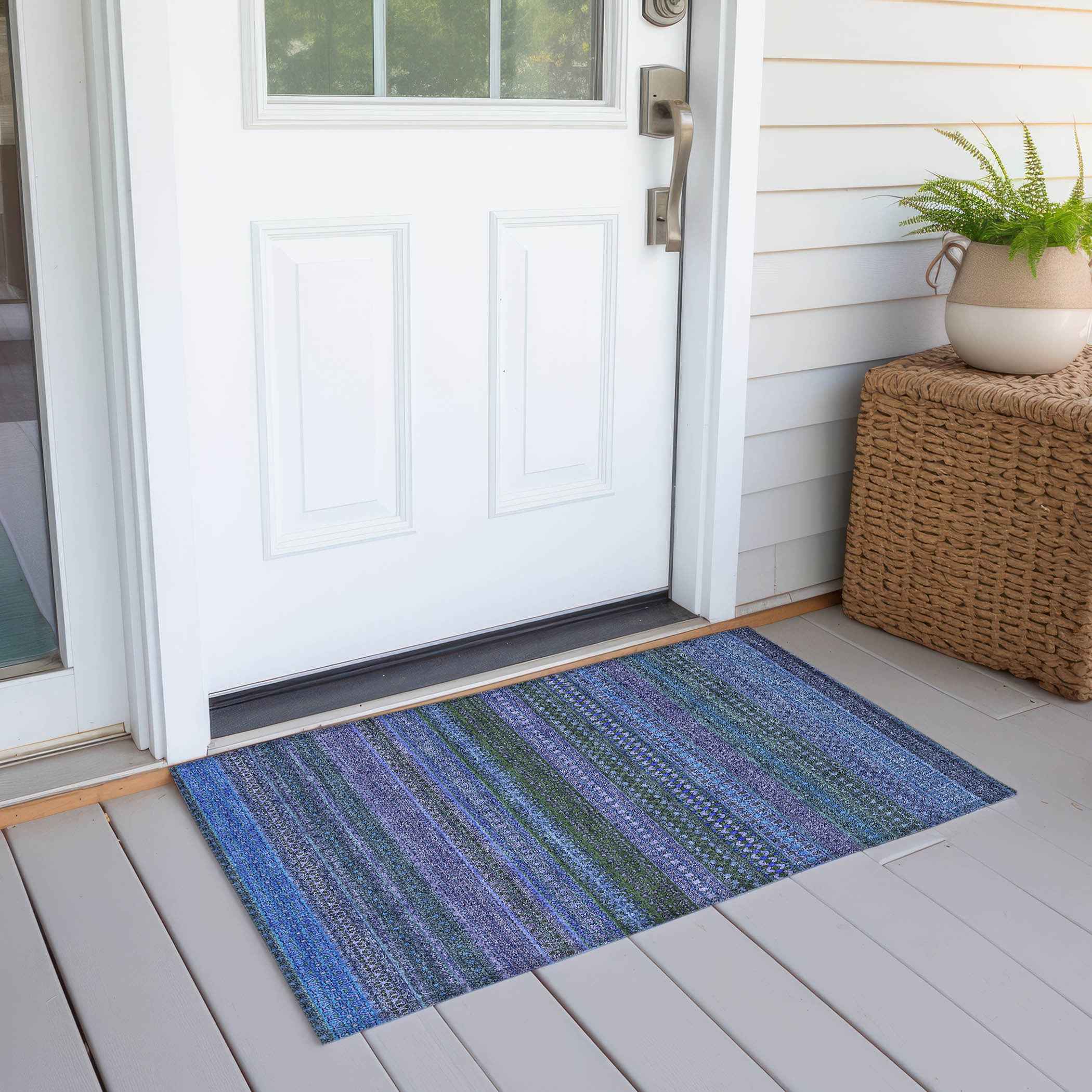 2' X 3' Blue and Green Striped Washable Non Skid Indoor Outdoor Area Rug