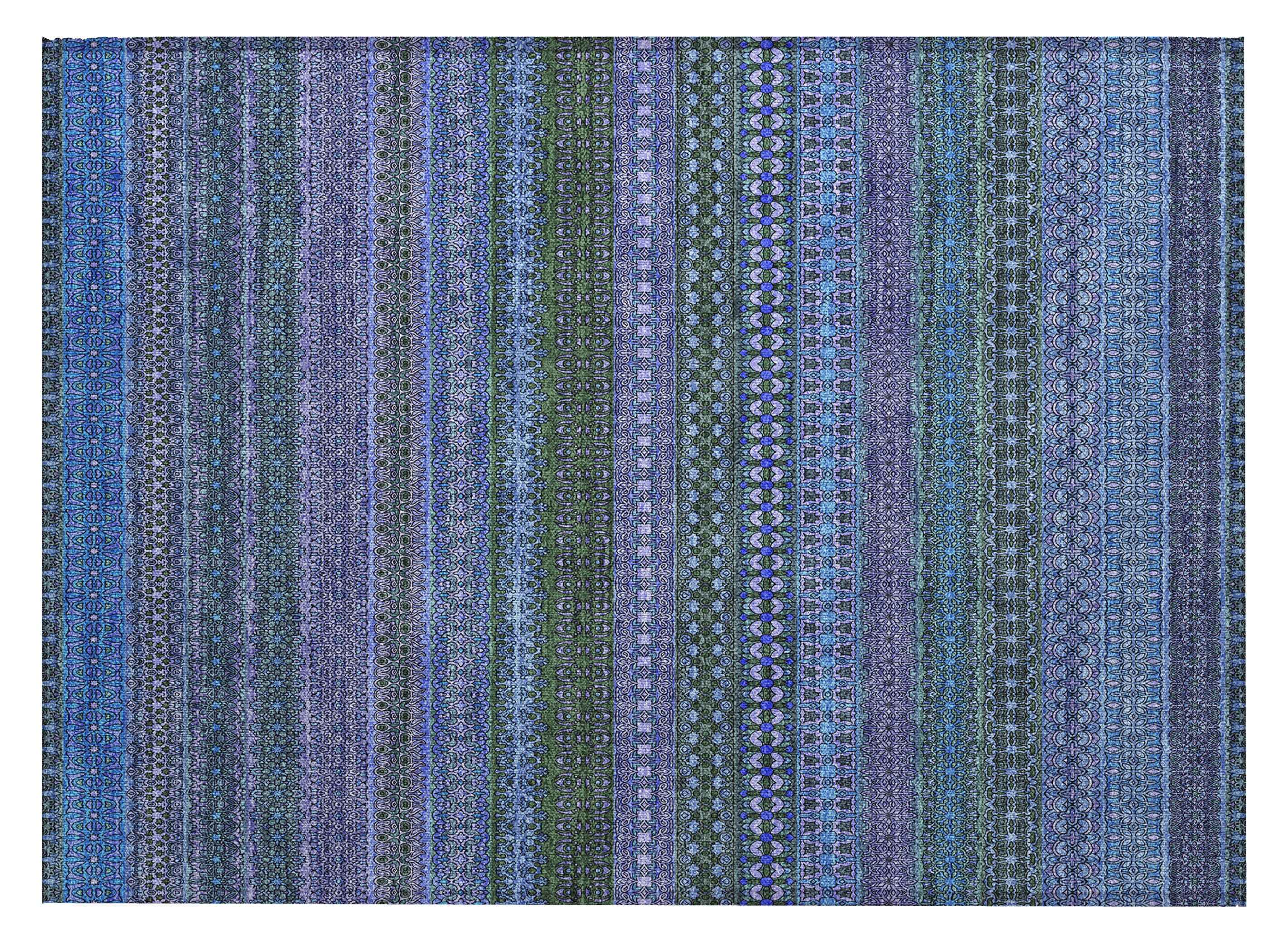2' X 3' Blue and Green Striped Washable Non Skid Indoor Outdoor Area Rug
