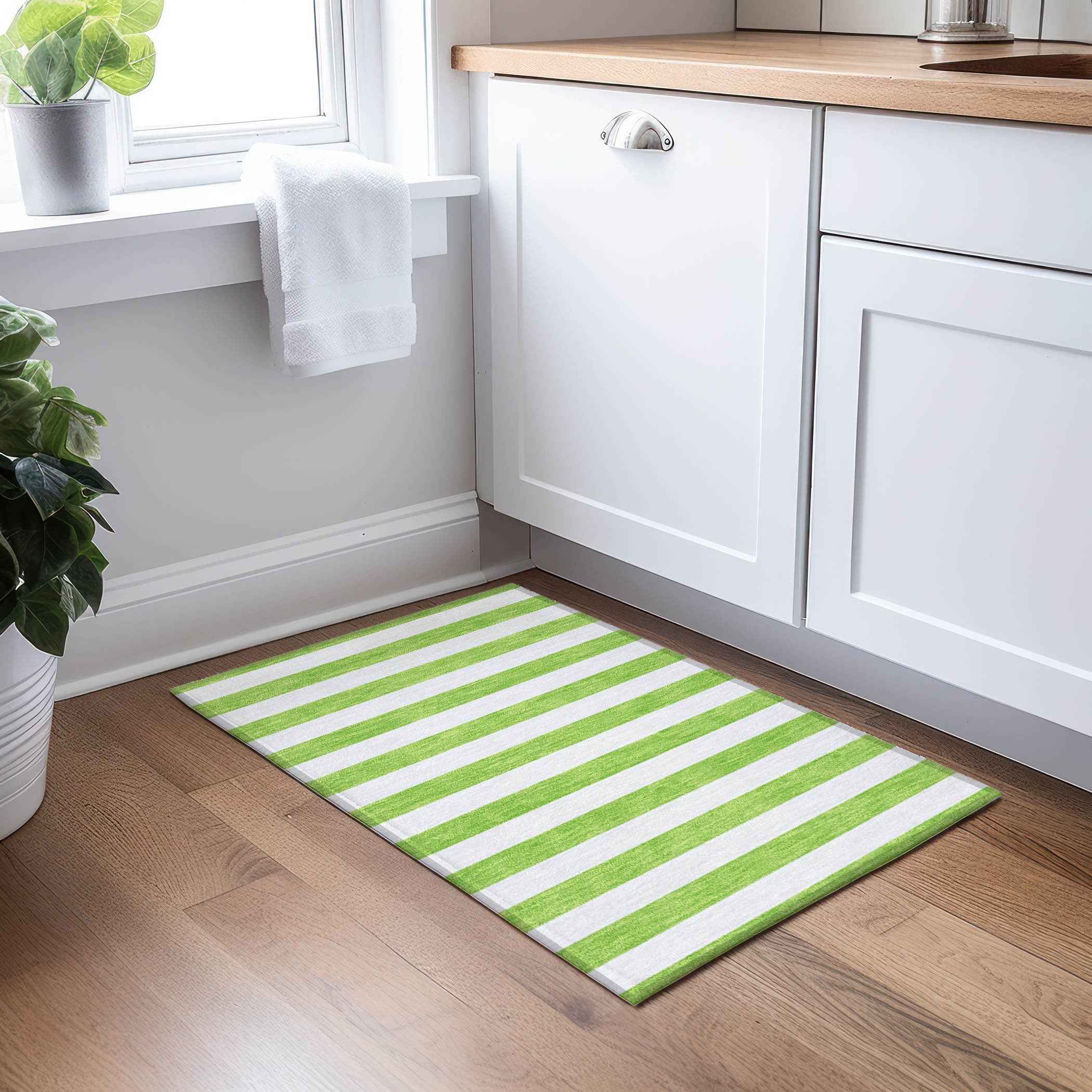 2' X 3' Lime Green and White Striped Washable Indoor Outdoor Area Rug