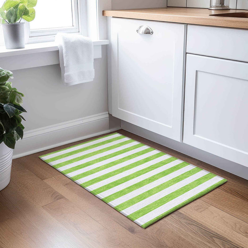 2' X 3' Lime Green and White Striped Washable Indoor Outdoor Area Rug