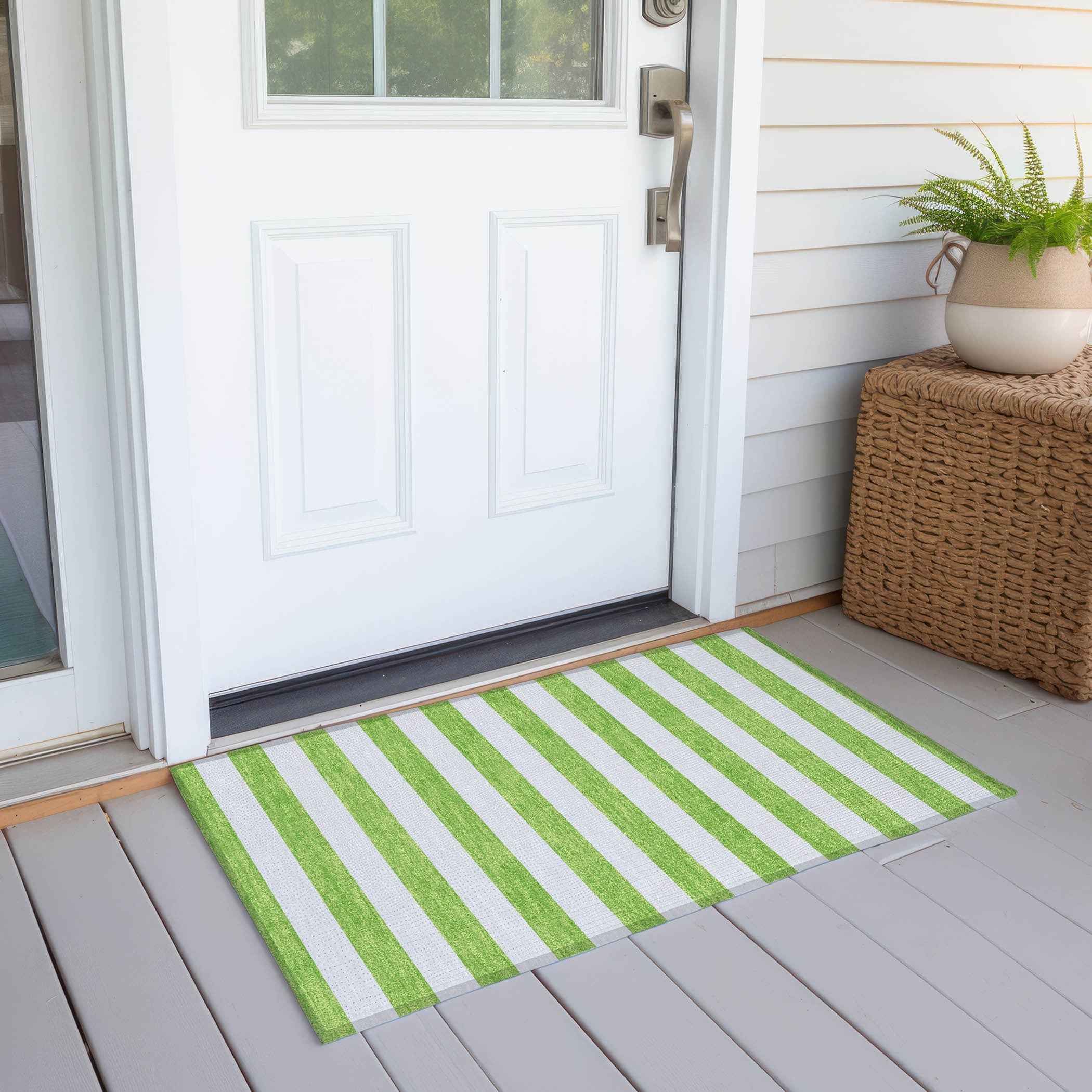 2' X 3' Lime Green and White Striped Washable Indoor Outdoor Area Rug