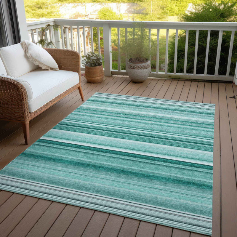 5' X 8' Aqua Striped Washable Indoor Outdoor Area Rug