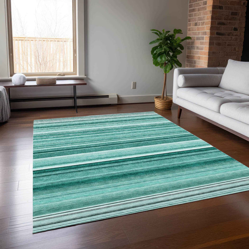 5' X 8' Aqua Striped Washable Indoor Outdoor Area Rug
