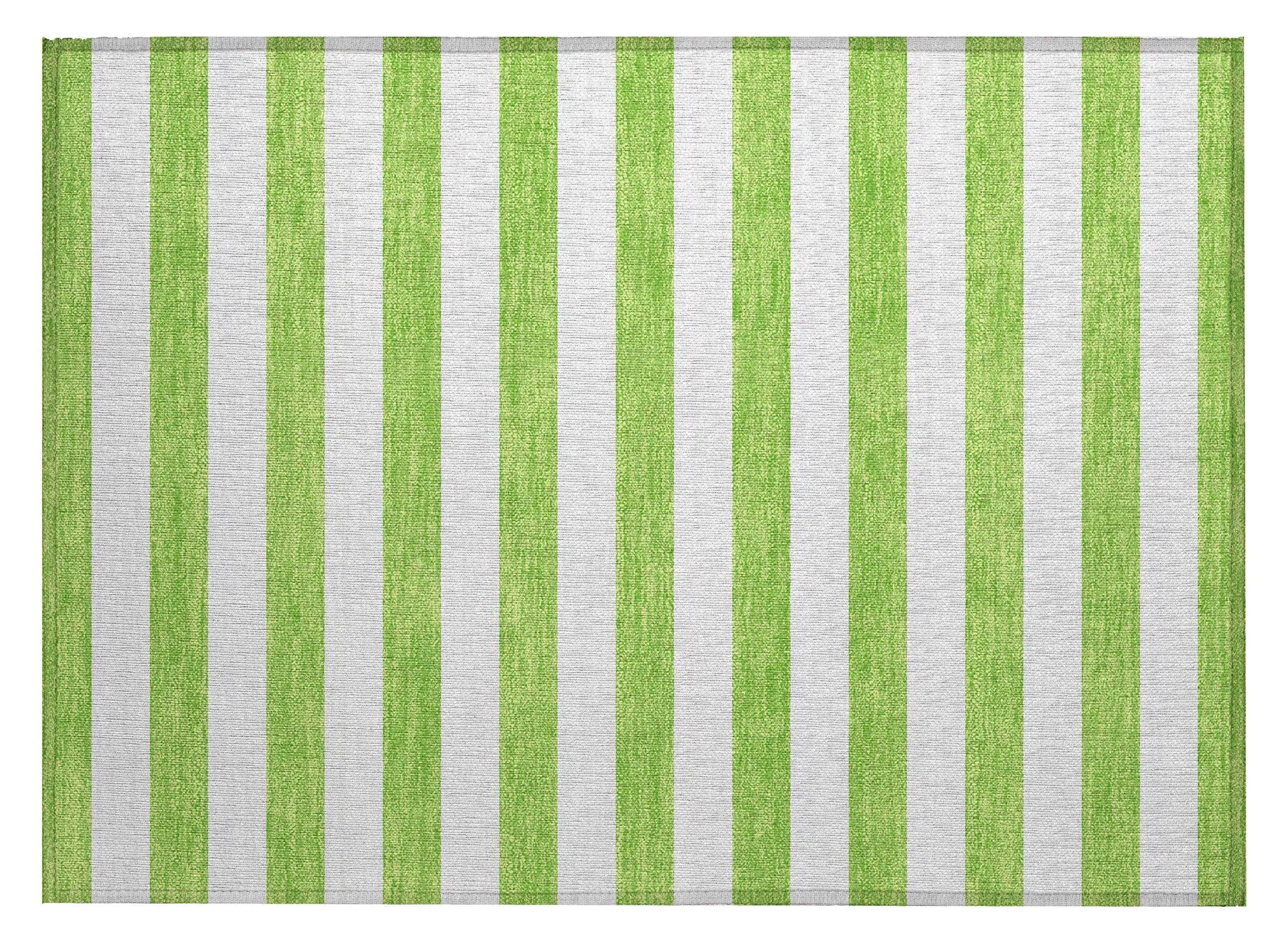 2' X 3' Lime Green and White Striped Washable Indoor Outdoor Area Rug