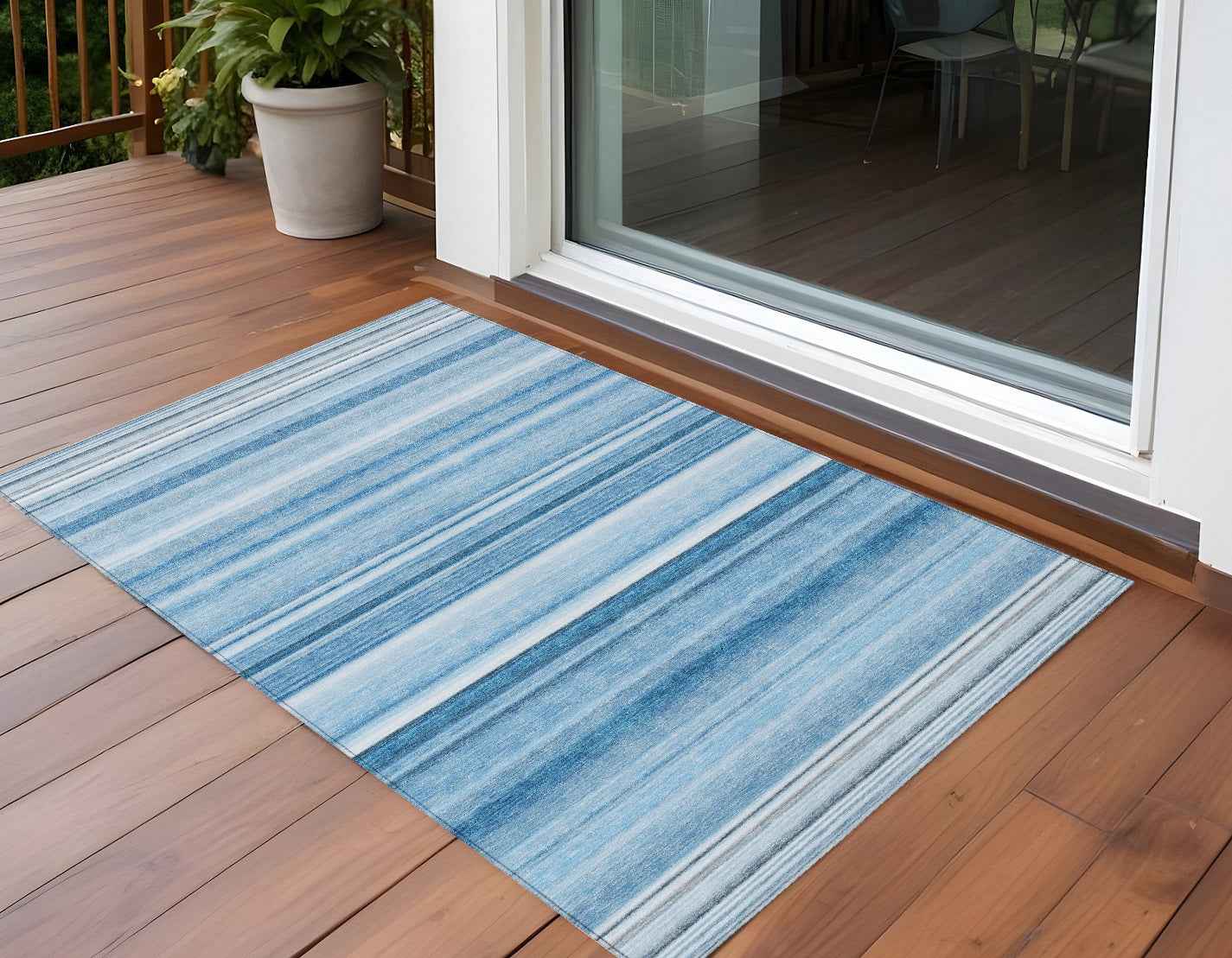 3' X 5' Blue Striped Washable Non Skid Indoor Outdoor Area Rug