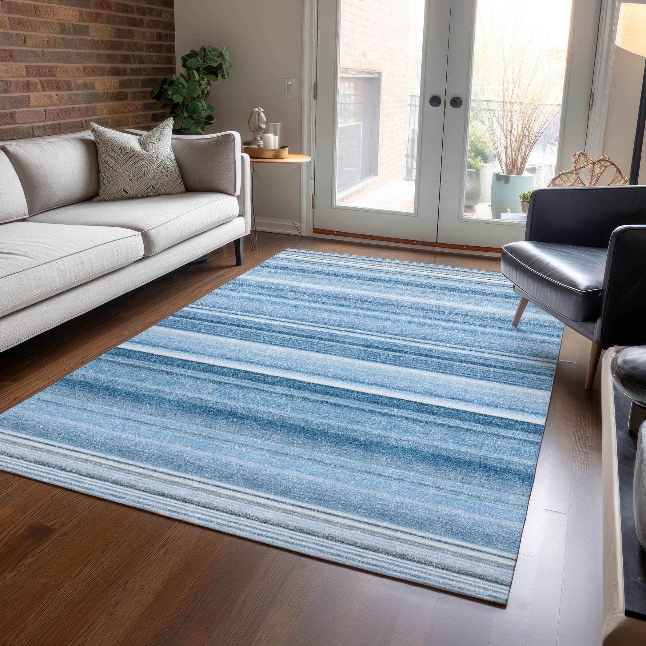 3' X 5' Blue Striped Washable Non Skid Indoor Outdoor Area Rug
