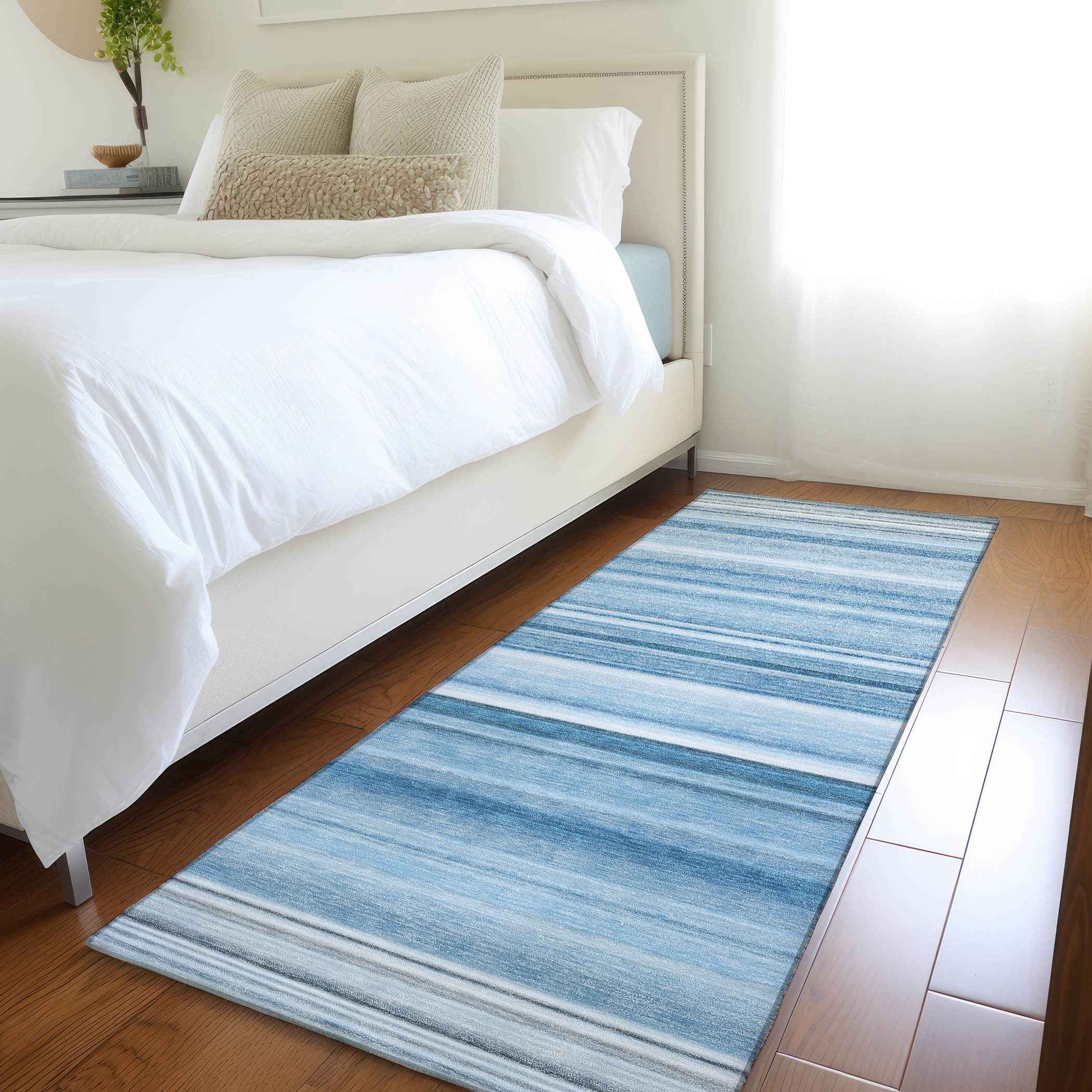 8' Runner Blue Striped Washable Non Skid Indoor Outdoor Runner Rug