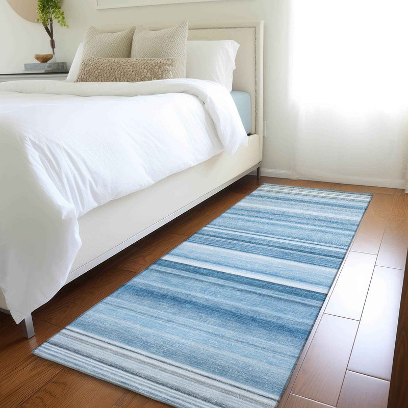 8' Runner Blue Striped Washable Non Skid Indoor Outdoor Runner Rug