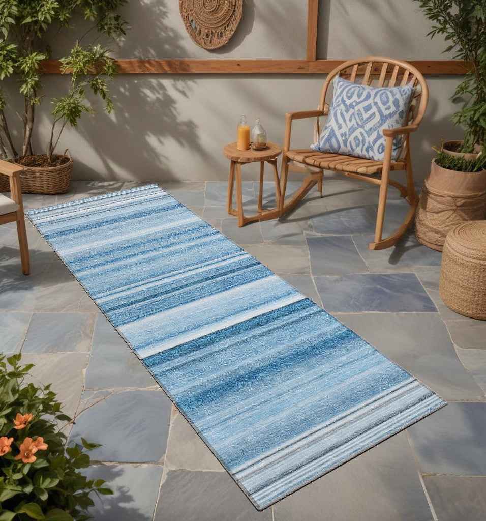 8' Runner Blue Striped Washable Non Skid Indoor Outdoor Runner Rug