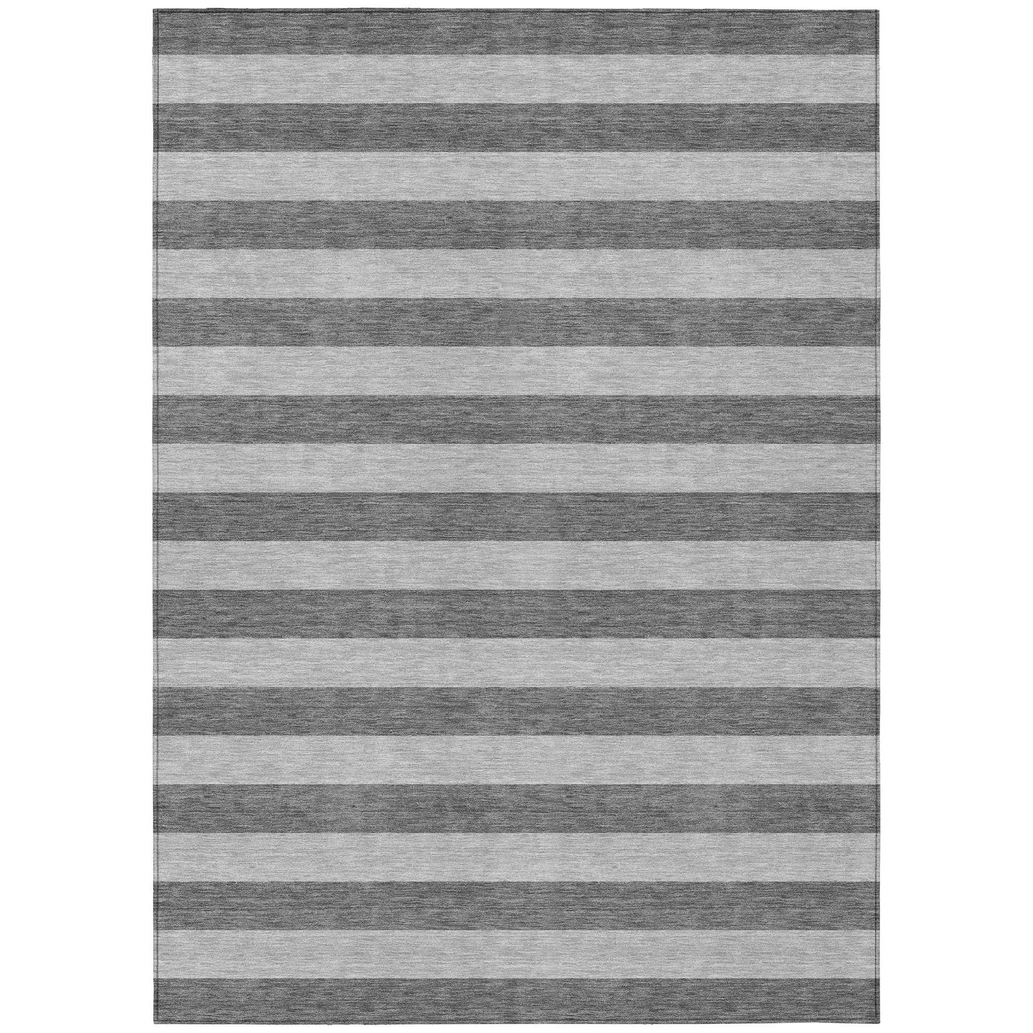 9' X 12' Gray and White Striped Washable Non Skid Indoor Outdoor Area Rug - Outdoor