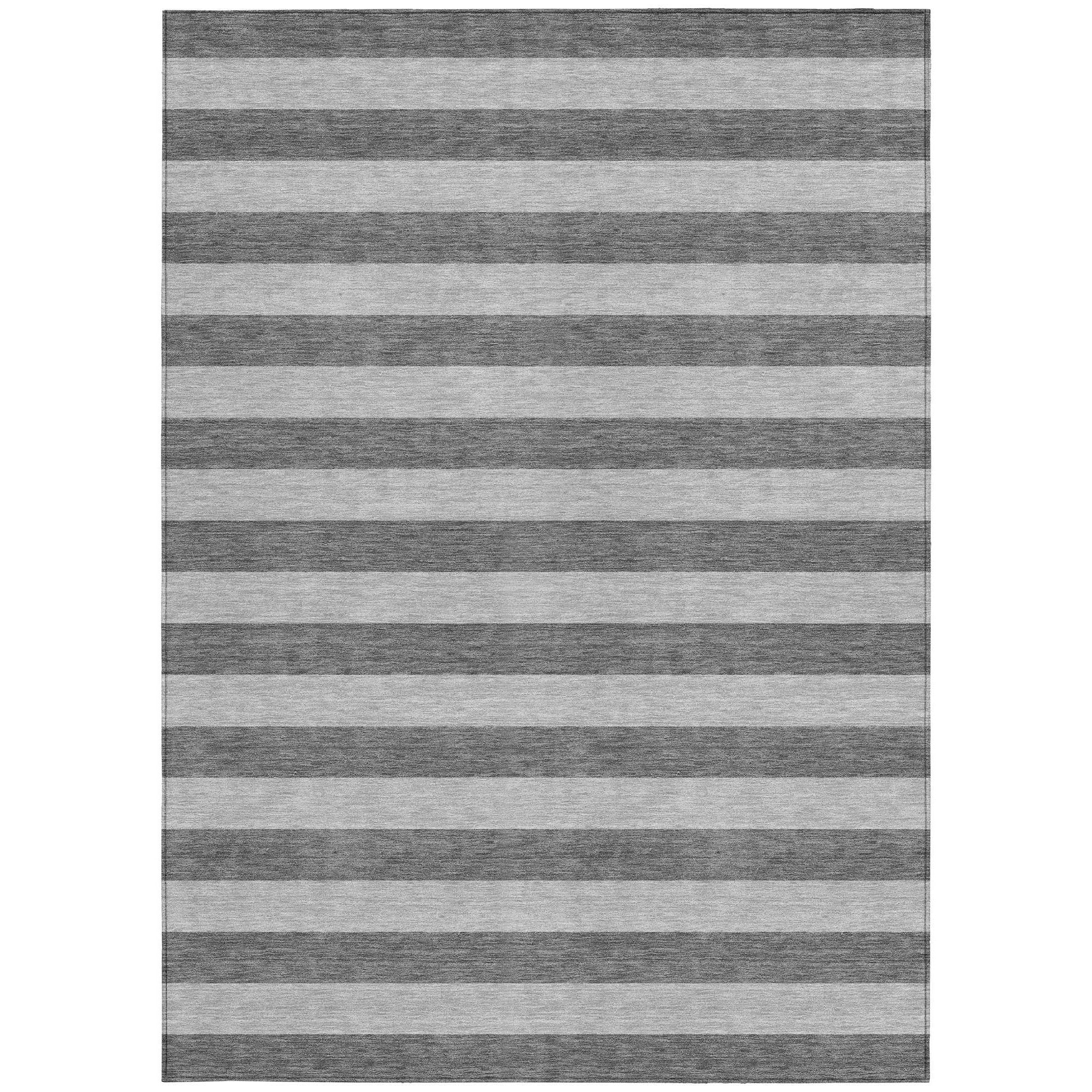 9' X 12' Gray and White Striped Washable Non Skid Indoor Outdoor Area Rug - Outdoor