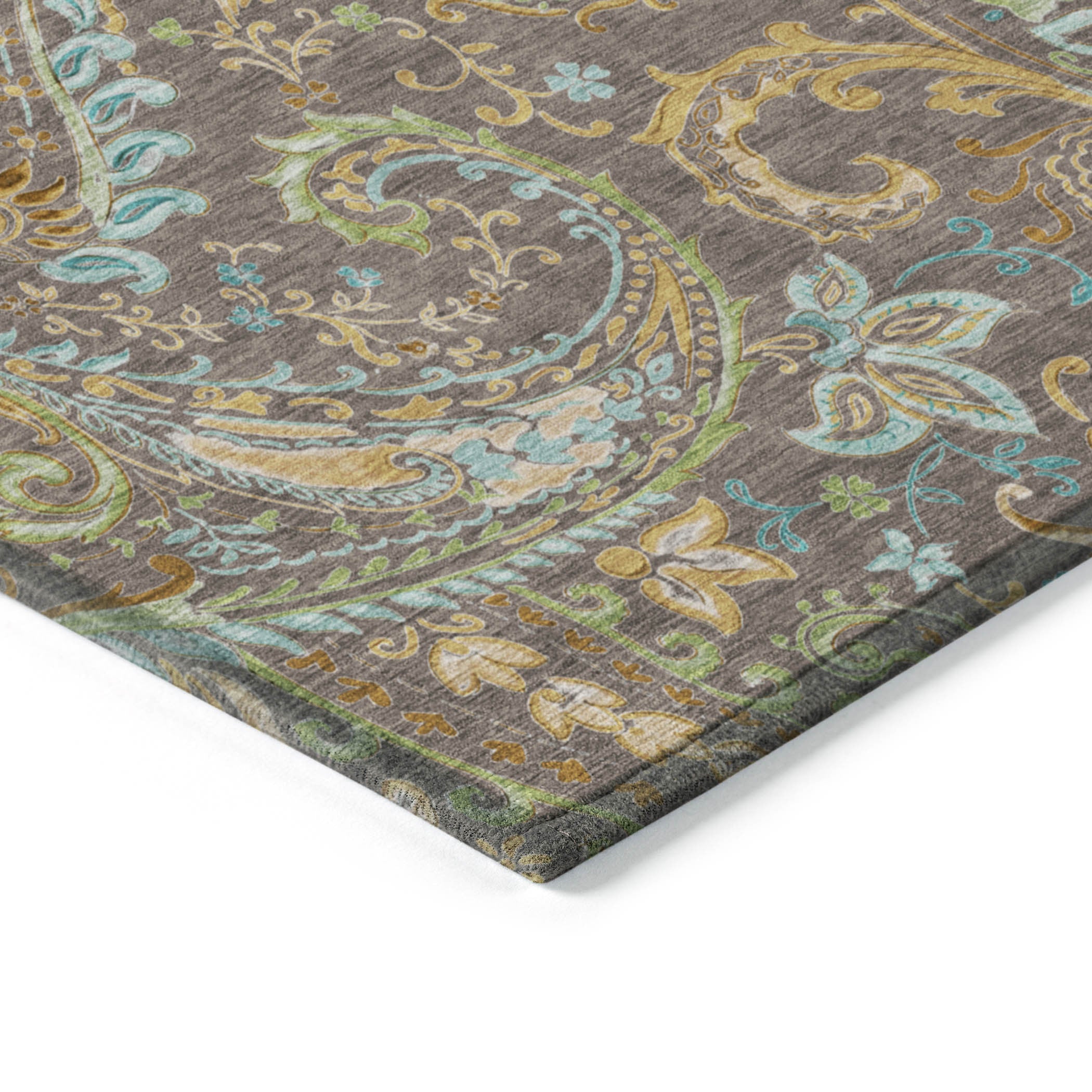 3' X 5' Brown Aqua and Gold Paisley Washable Non Skid Indoor Outdoor Area Rug - Sports & Outdoor