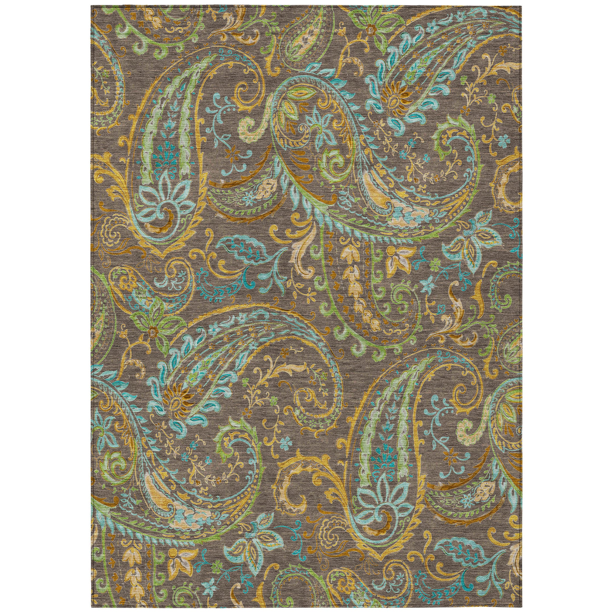 3' X 5' Brown Aqua and Gold Paisley Washable Non Skid Indoor Outdoor Area Rug - Sports & Outdoor