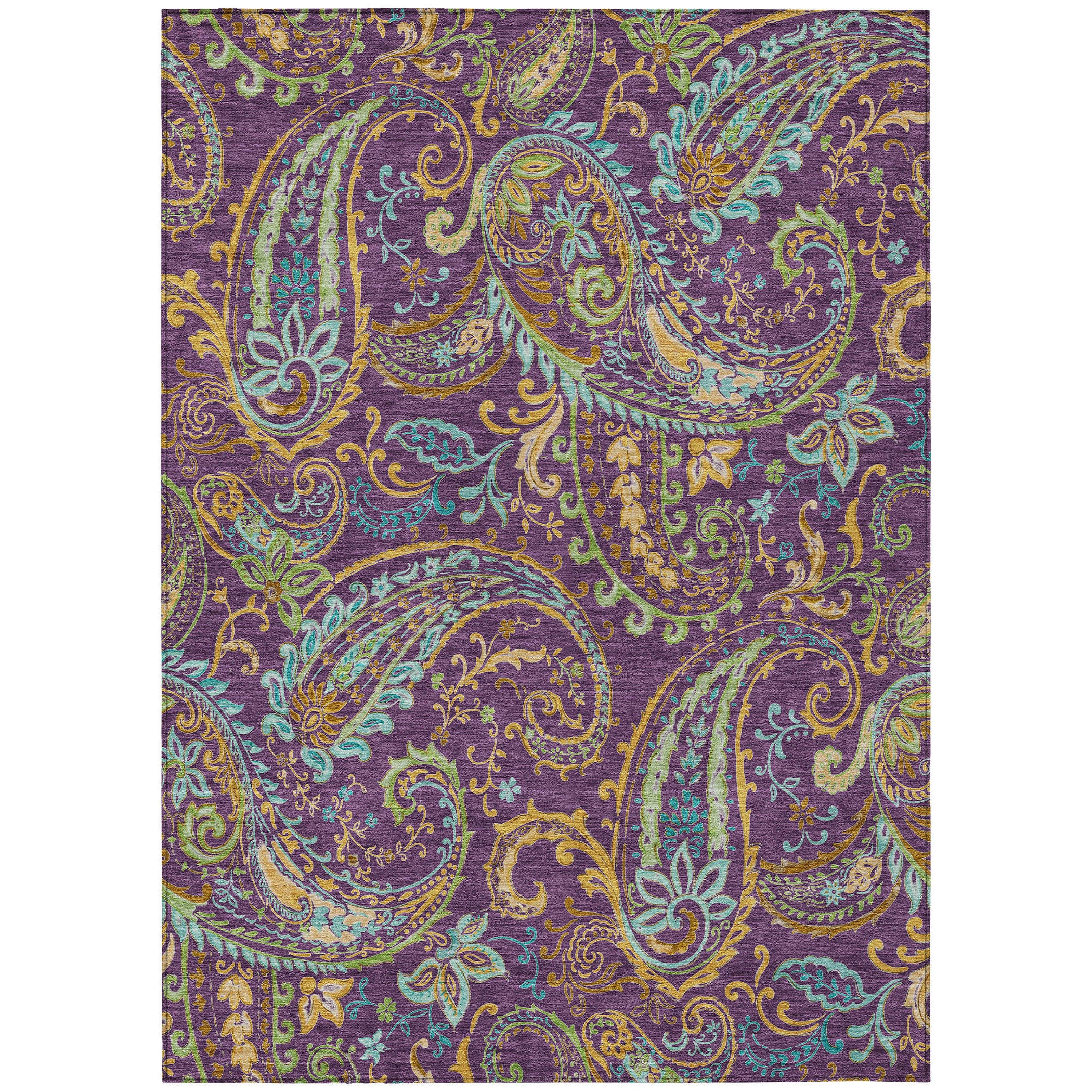 10' X 14' Purple Turquoise and Gold Paisley Washable Non Skid Indoor Outdoor Area Rug - Sports & Outdoor