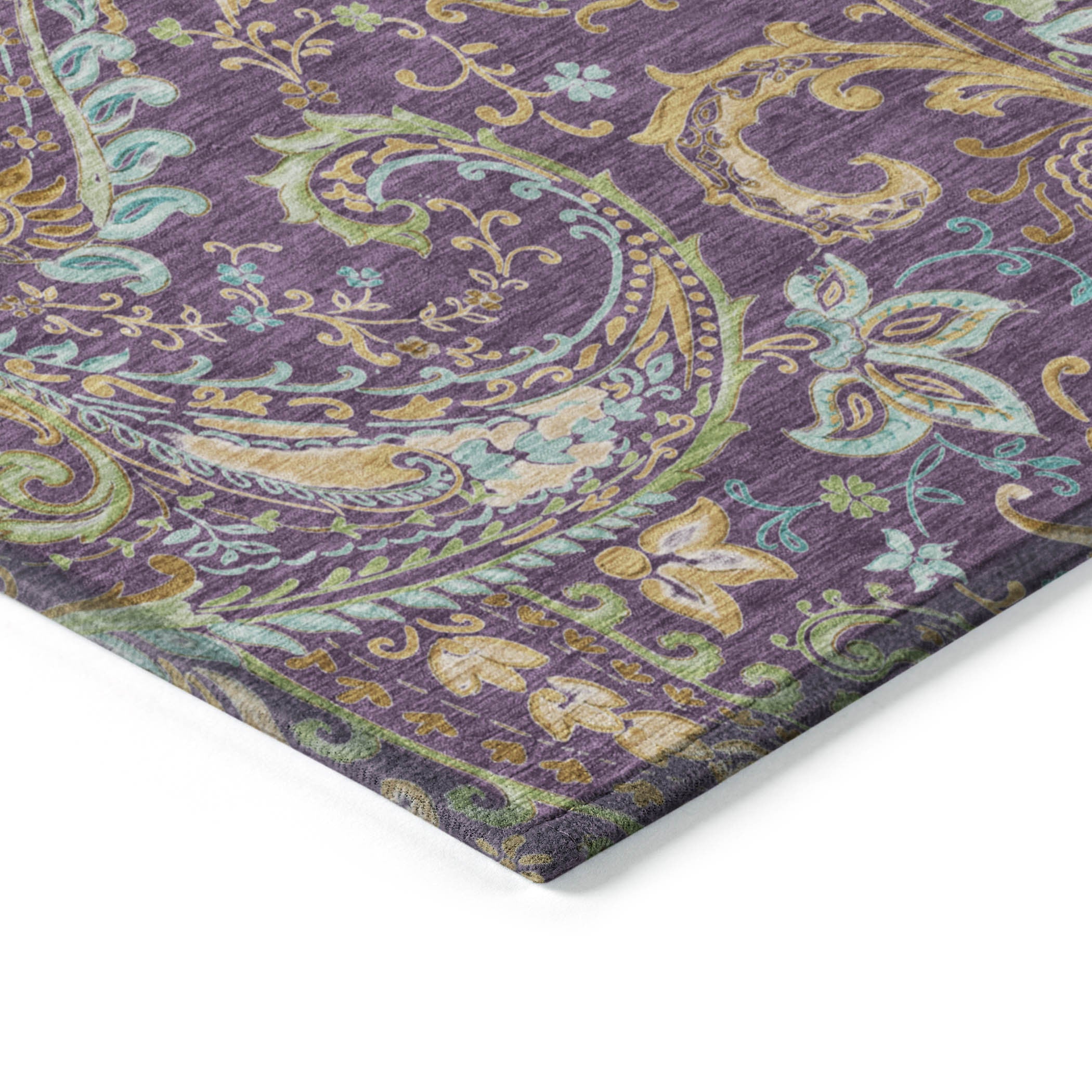 10' X 14' Purple Turquoise and Gold Paisley Washable Non Skid Indoor Outdoor Area Rug - Sports & Outdoor