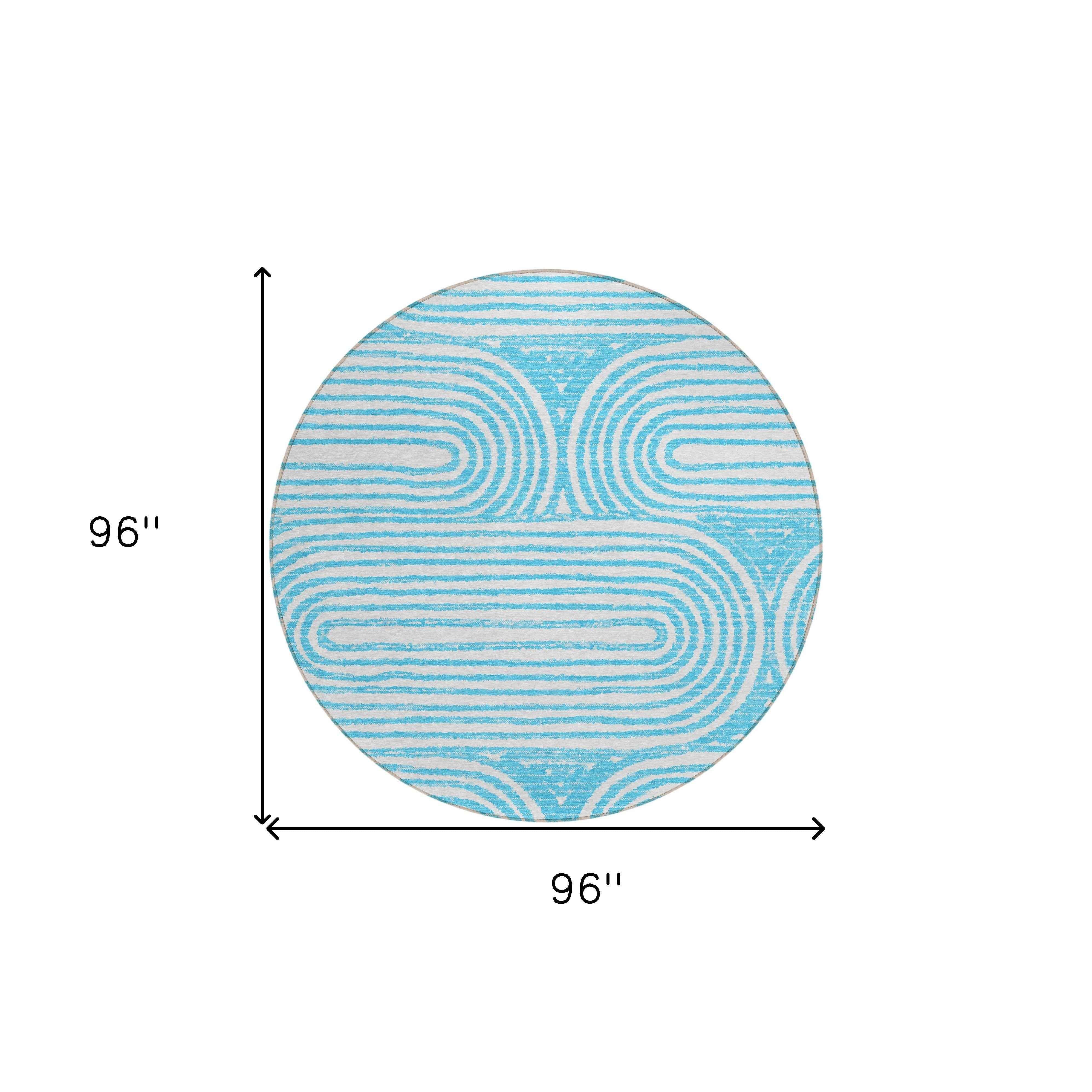 8' Round Teal Round Abstract Washable Non Skid Indoor Outdoor Area Rug