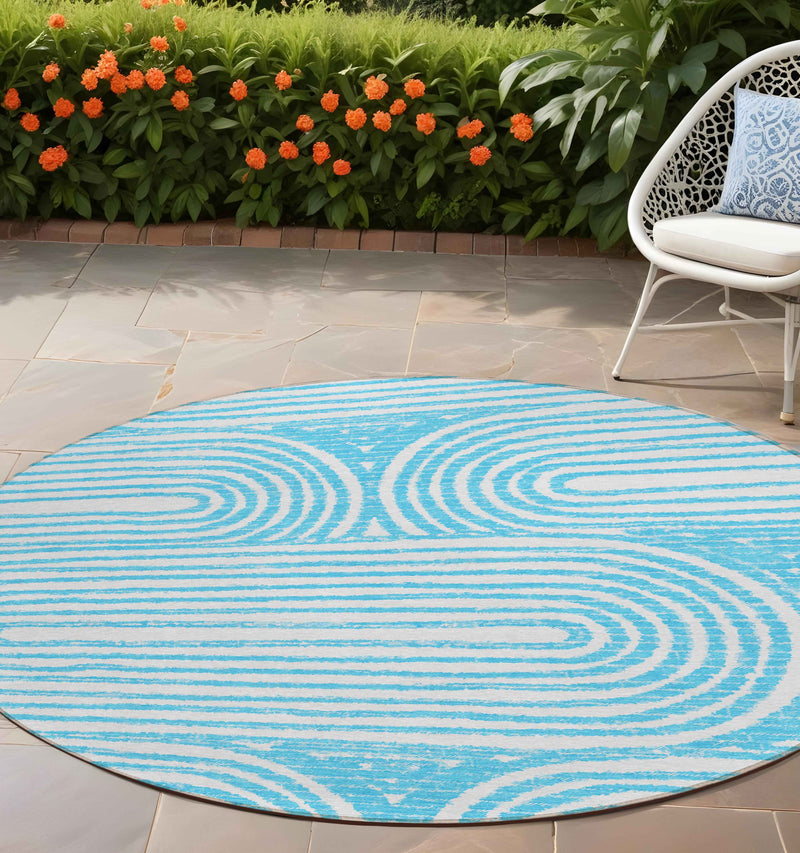 8' Round Teal Round Abstract Washable Non Skid Indoor Outdoor Area Rug