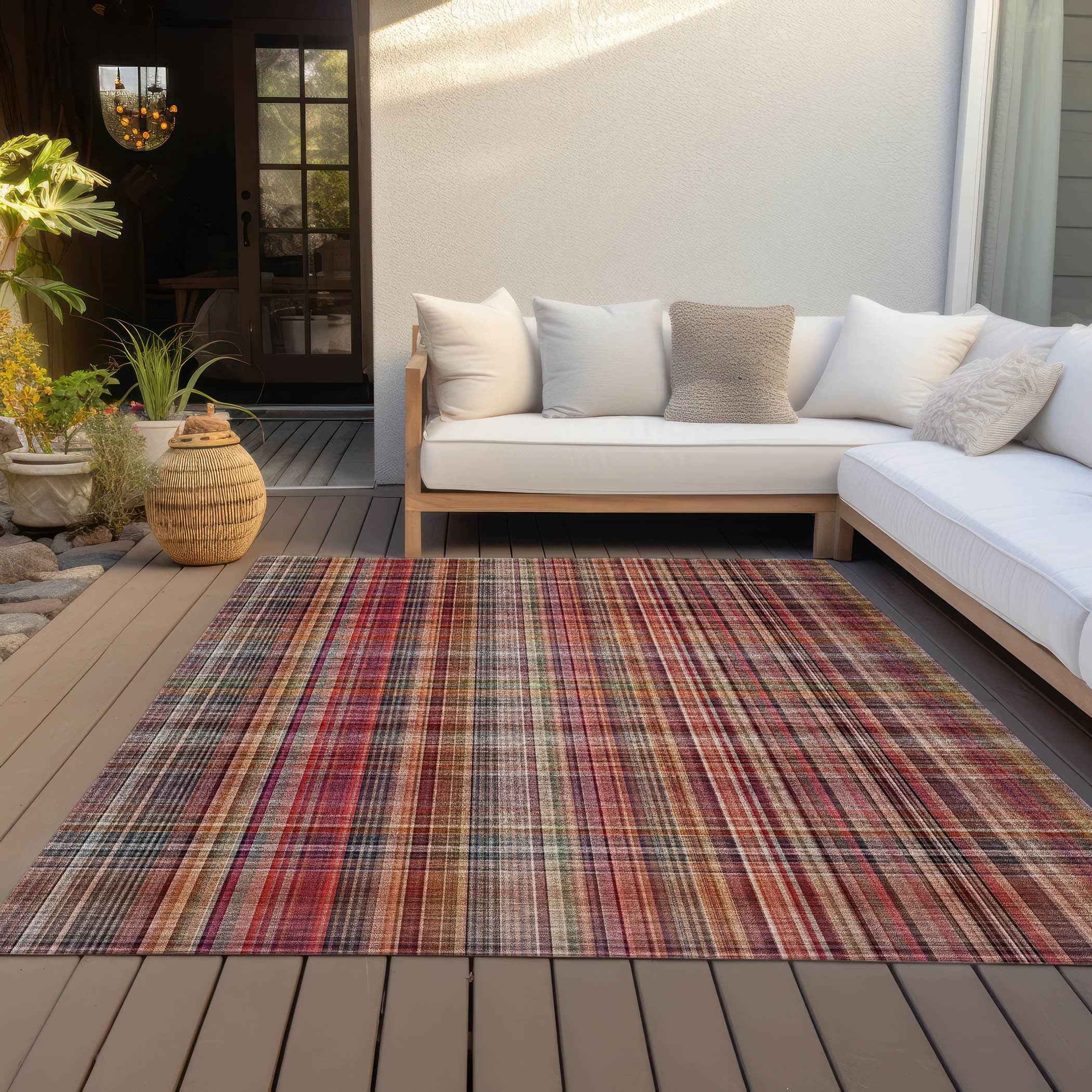 10' X 14' Red Orange and Brown Plaid Washable Non Skid Indoor Outdoor Area Rug
