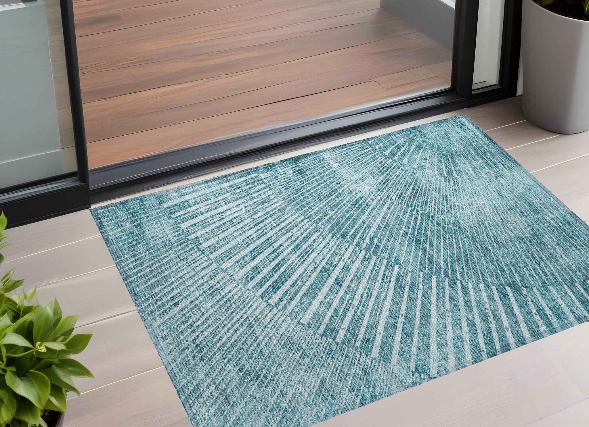 3' X 5' Teal Abstract Washable Non Skid Indoor Outdoor Area Rug