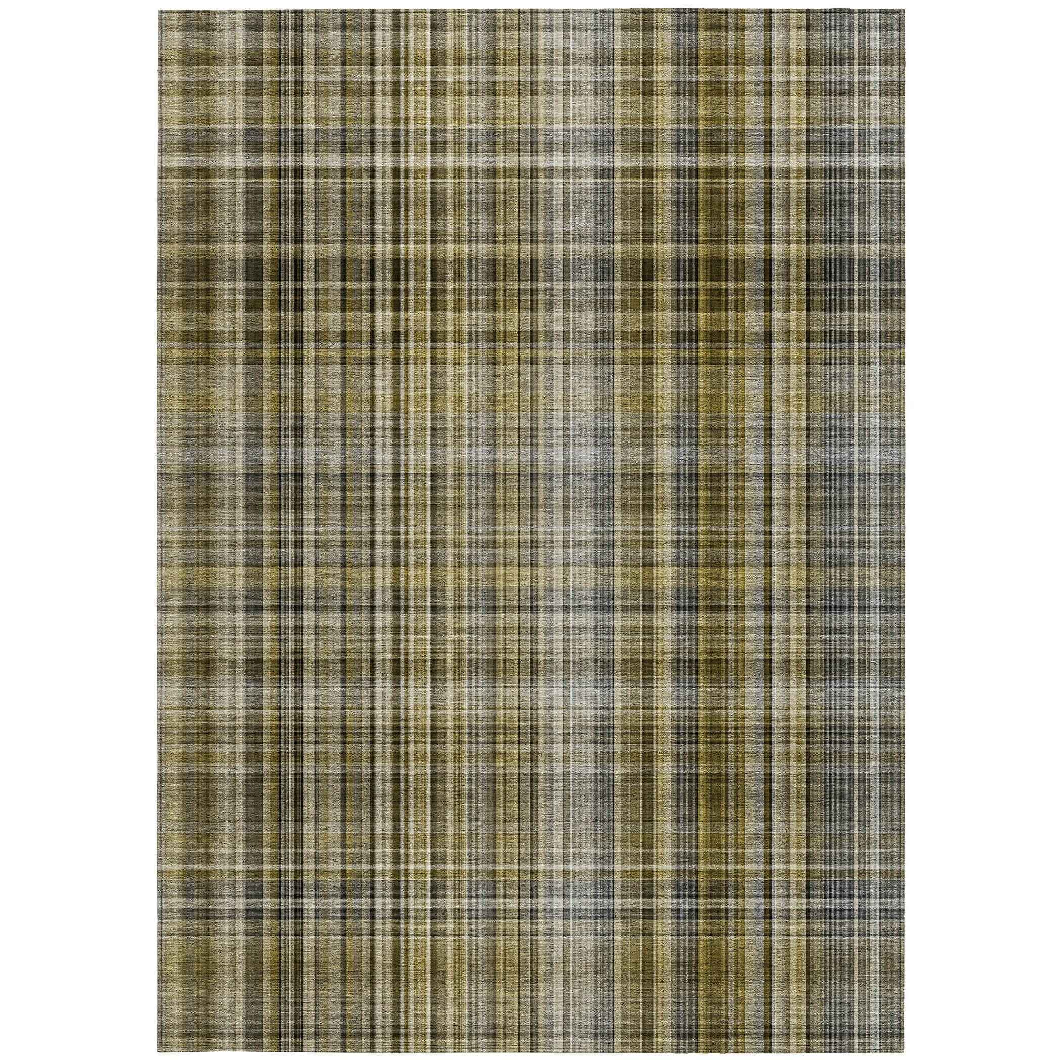3' X 5' Green Beige and Gray Plaid Washable Non Skid Indoor Outdoor Area Rug
