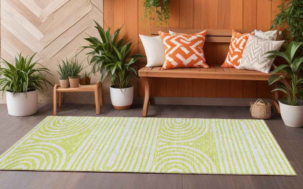 8' Runner Green and White Abstract Washable Non Skid Indoor Outdoor Runner Rug
