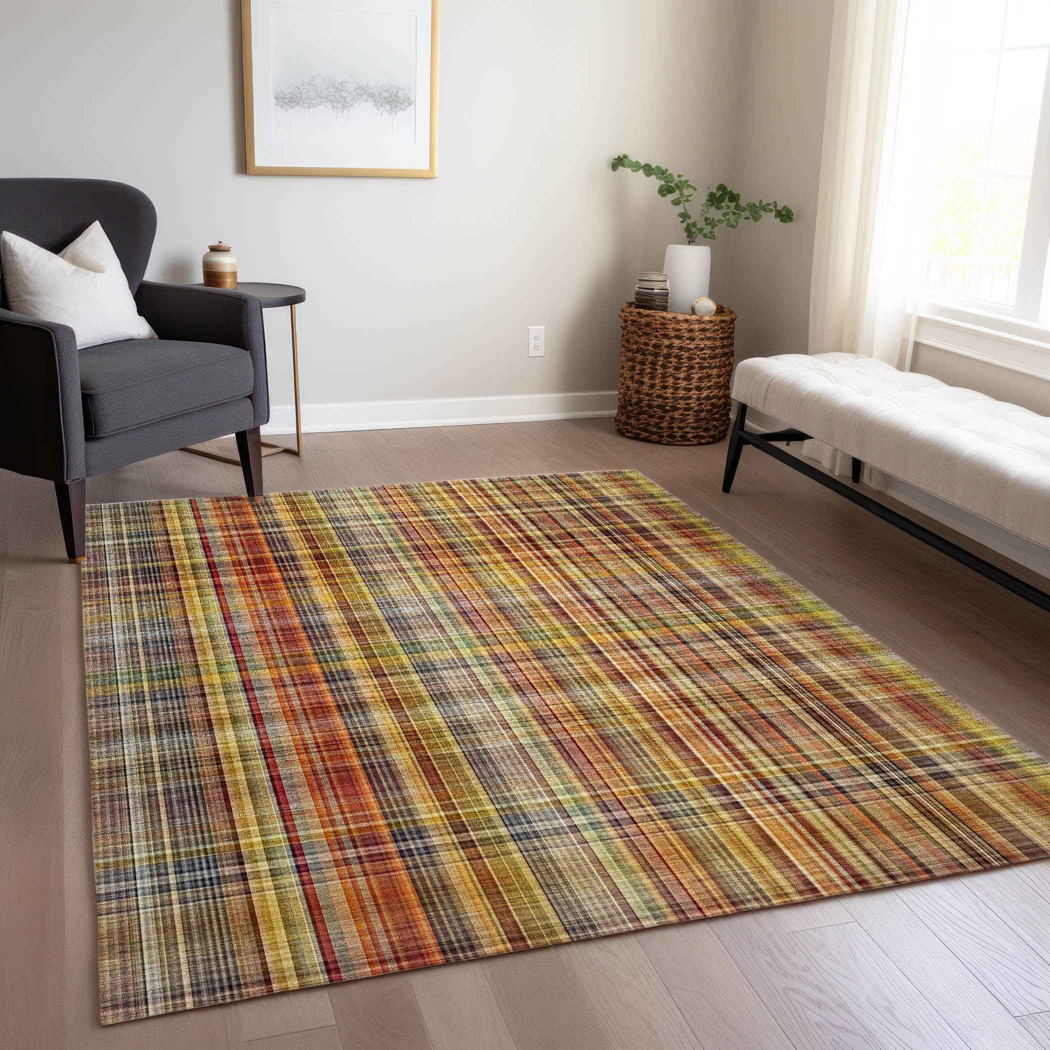 10' X 14' Yellow Orange and Brown Plaid Washable Non Skid Indoor Outdoor Area Rug