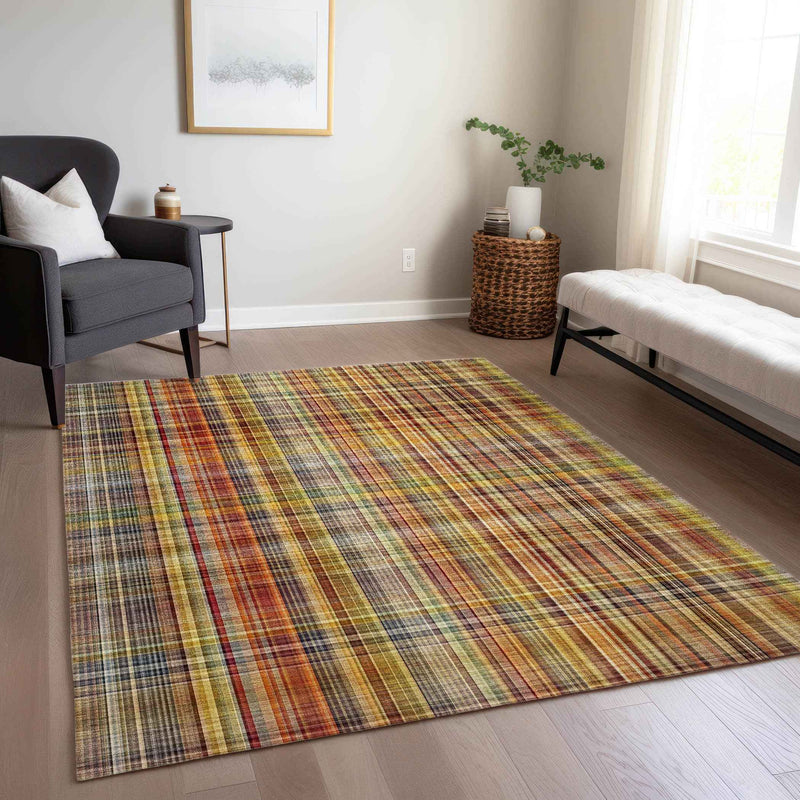 10' X 14' Yellow Orange and Brown Plaid Washable Non Skid Indoor Outdoor Area Rug