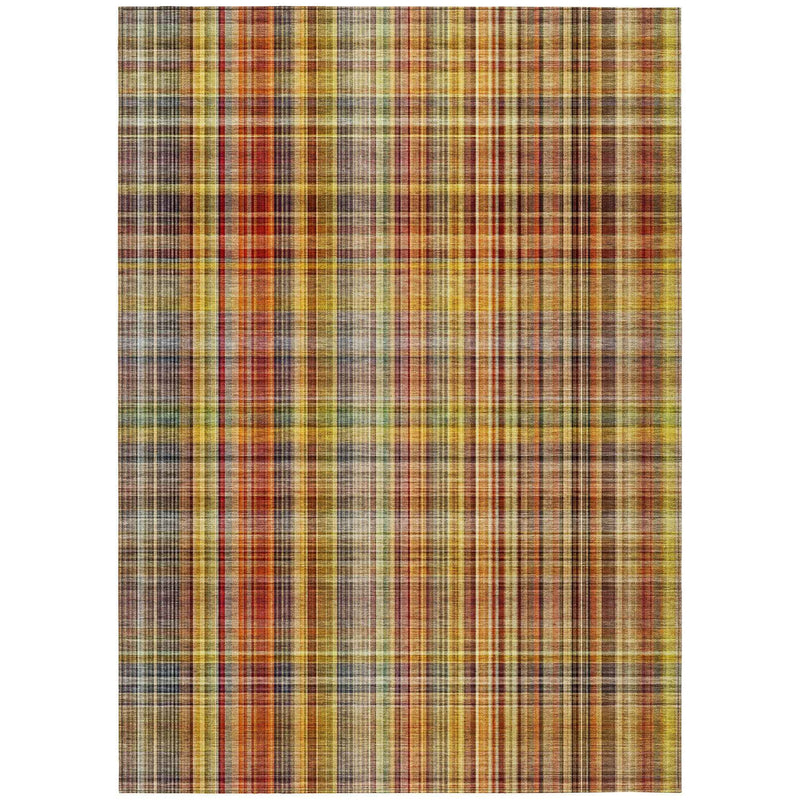 10' X 14' Yellow Orange and Brown Plaid Washable Non Skid Indoor Outdoor Area Rug