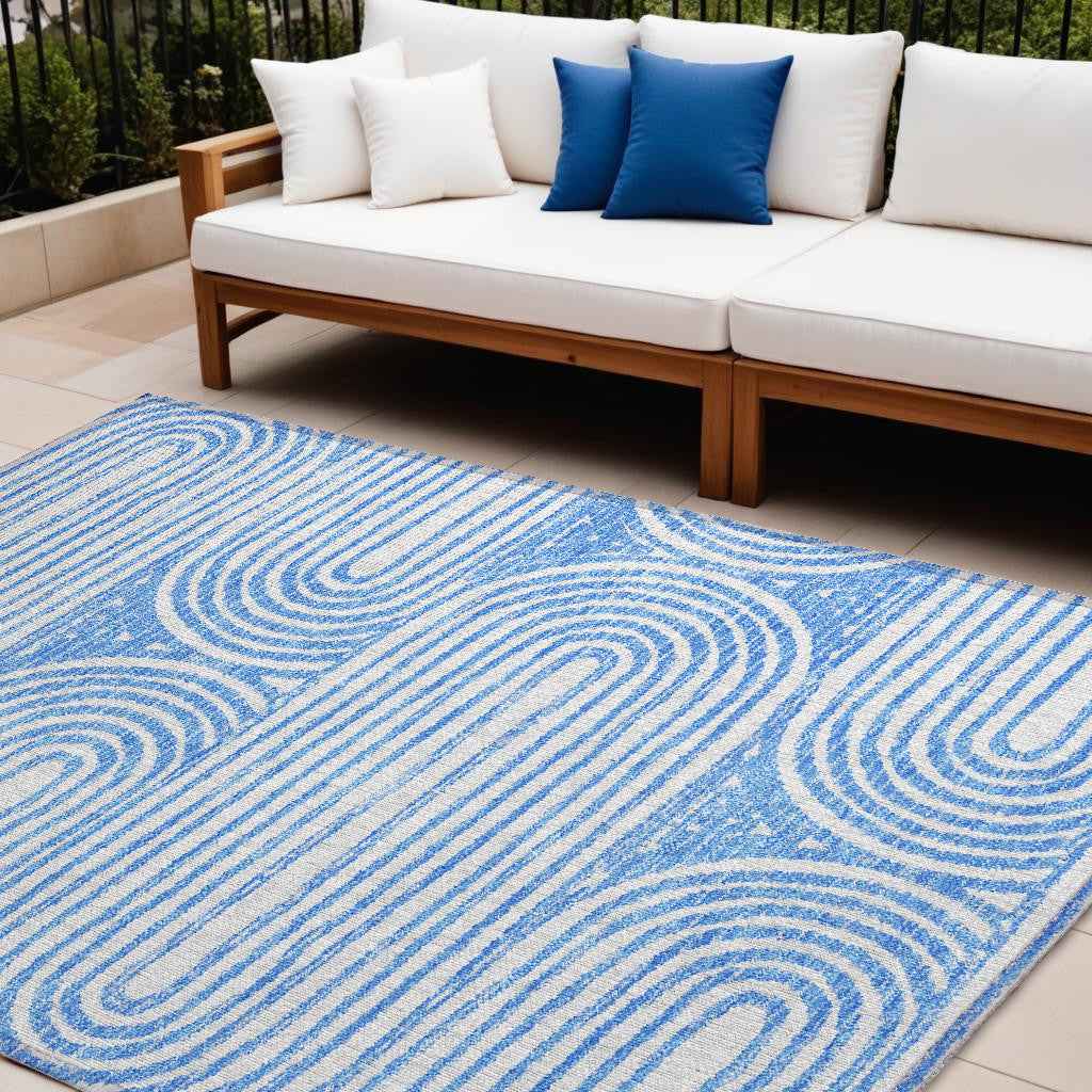 10' X 14' Blue and White Abstract Washable Non Skid Indoor Outdoor Area Rug