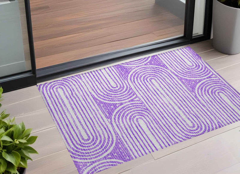 2' X 3' Purple and White Abstract Washable Non Skid Indoor Outdoor Area Rug