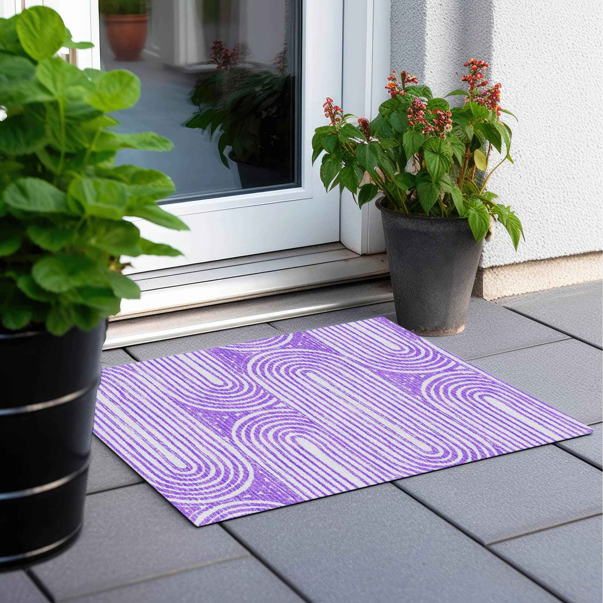 2' X 3' Purple and White Abstract Washable Non Skid Indoor Outdoor Area Rug