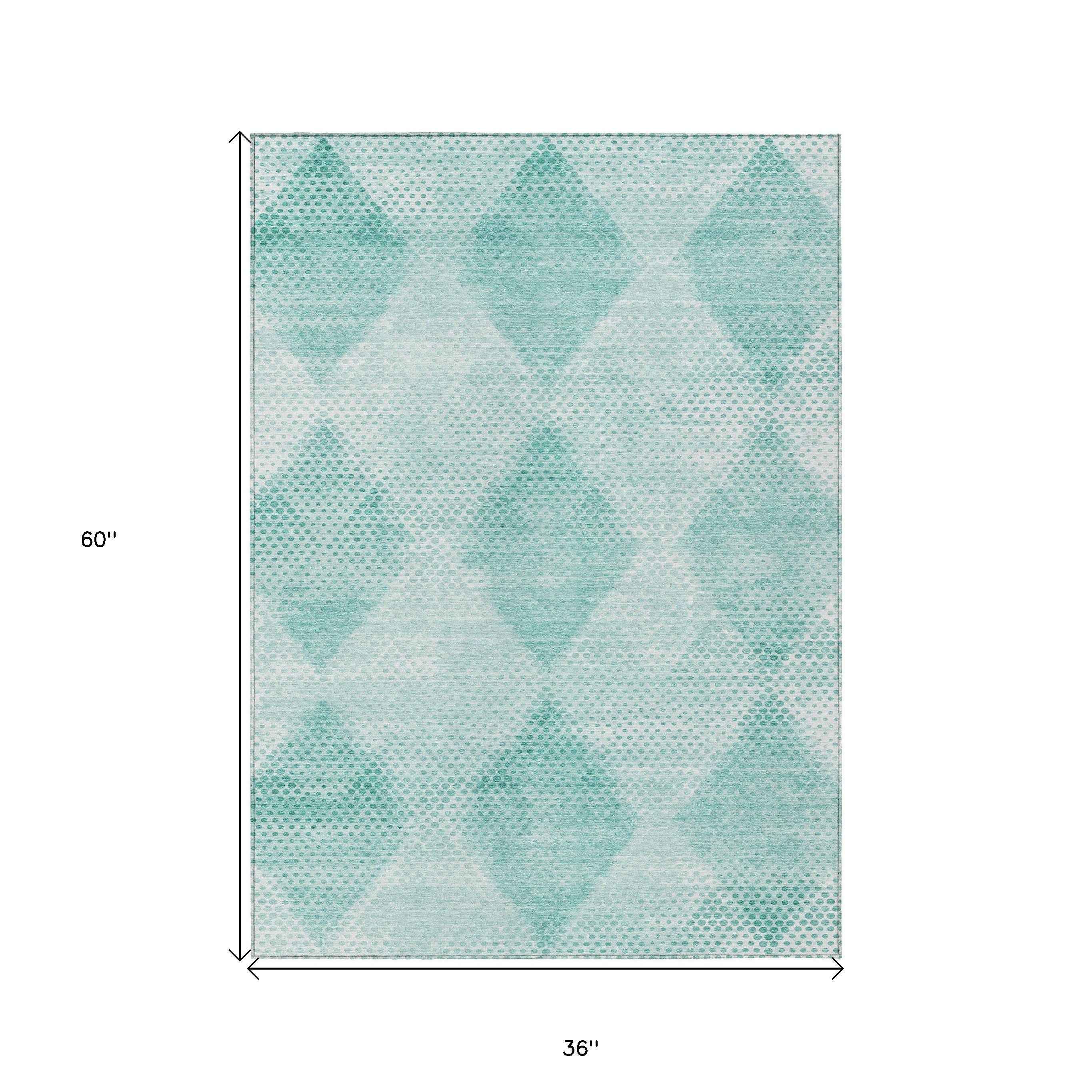 3' X 5' Teal Geometric Washable Non Skid Indoor Outdoor Area Rug