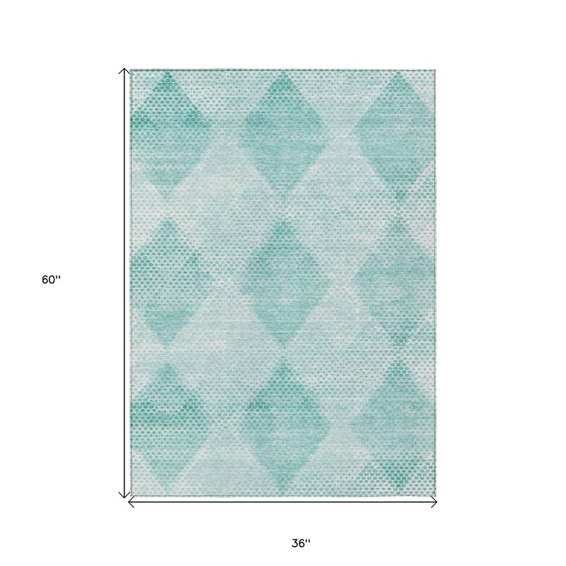 3' X 5' Teal Geometric Washable Non Skid Indoor Outdoor Area Rug