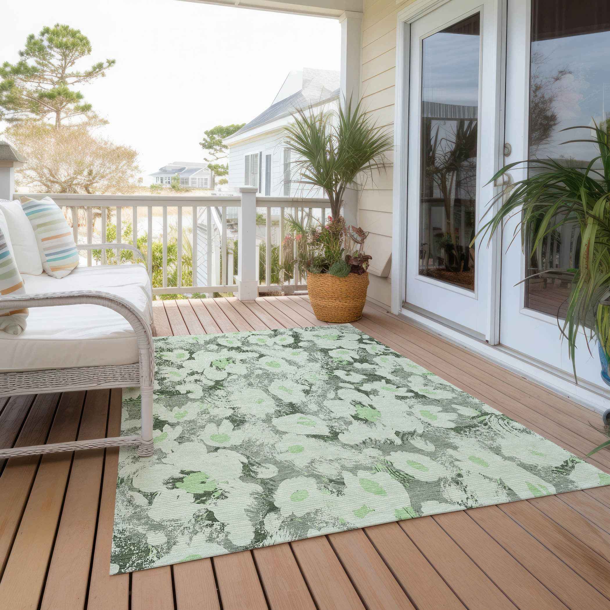 8' X 10' Artichoke Green Floral Washable Non Skid Indoor Outdoor Area Rug
