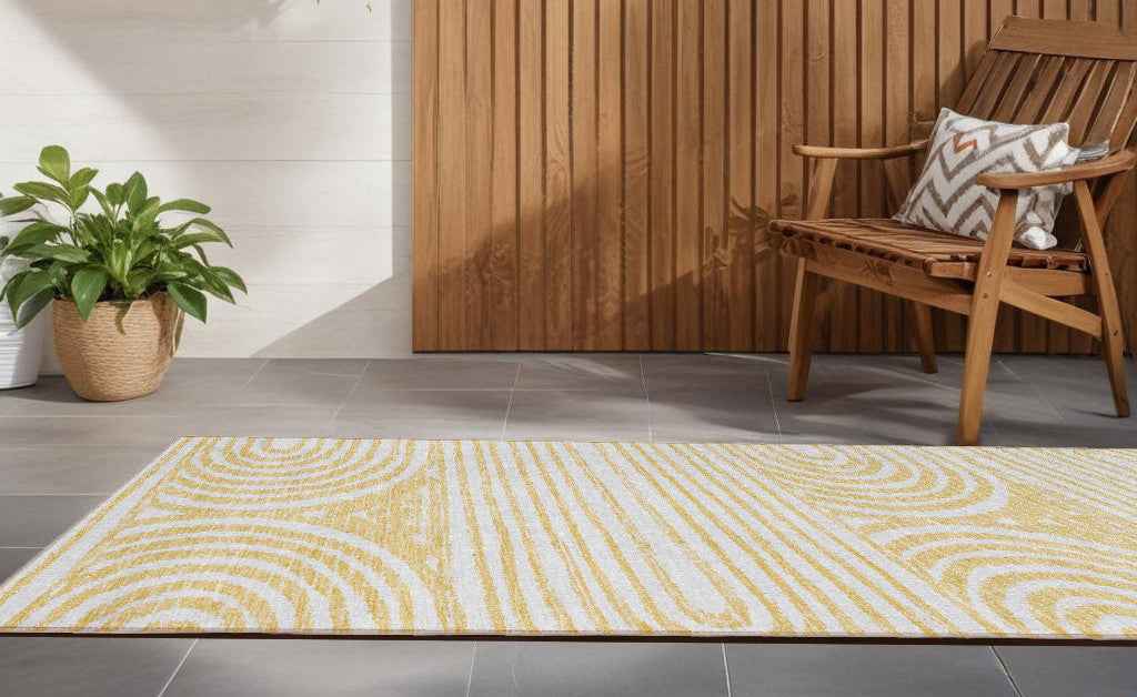 8' Runner Gold and White Abstract Washable Non Skid Indoor Outdoor Runner Rug