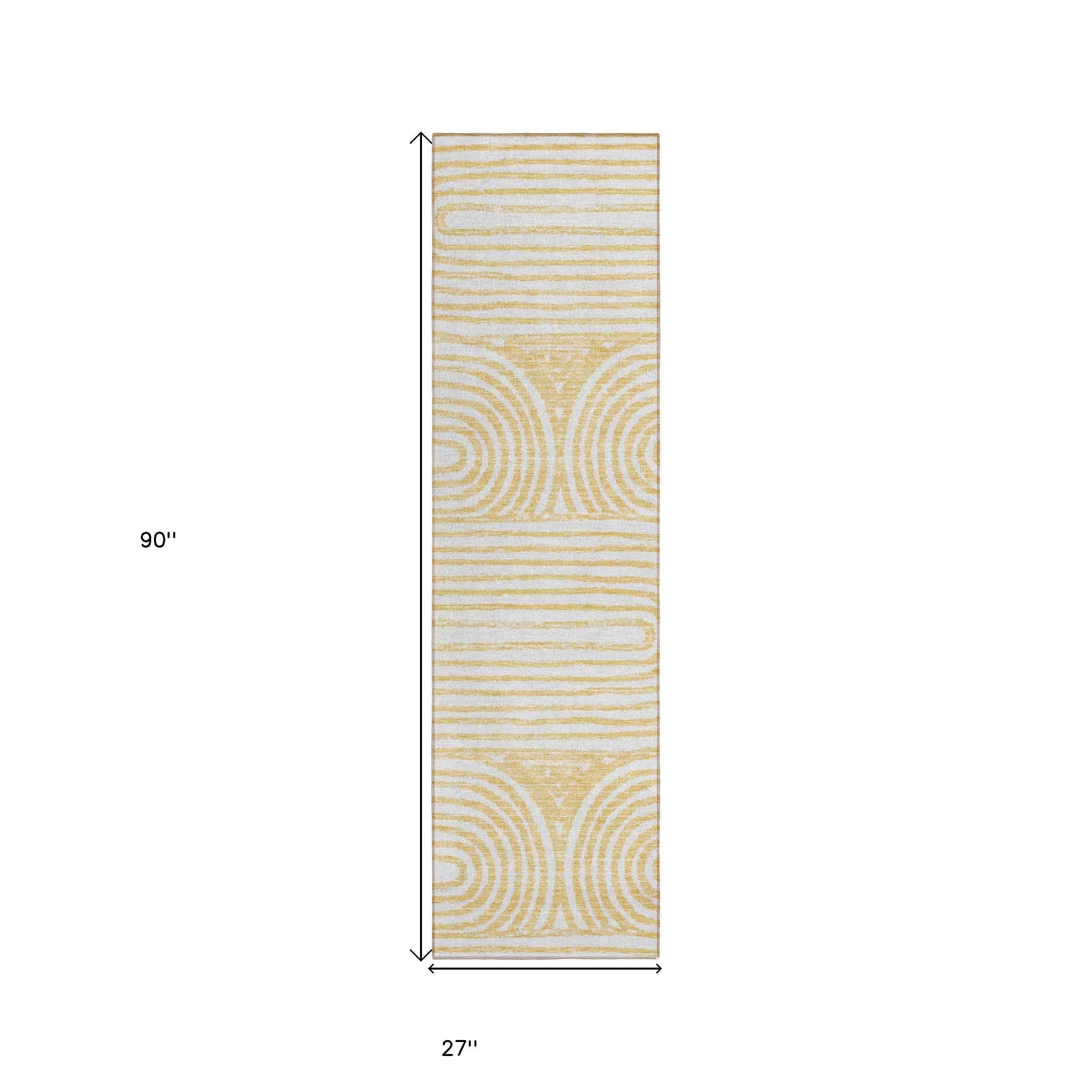 8' Runner Gold and White Abstract Washable Non Skid Indoor Outdoor Runner Rug
