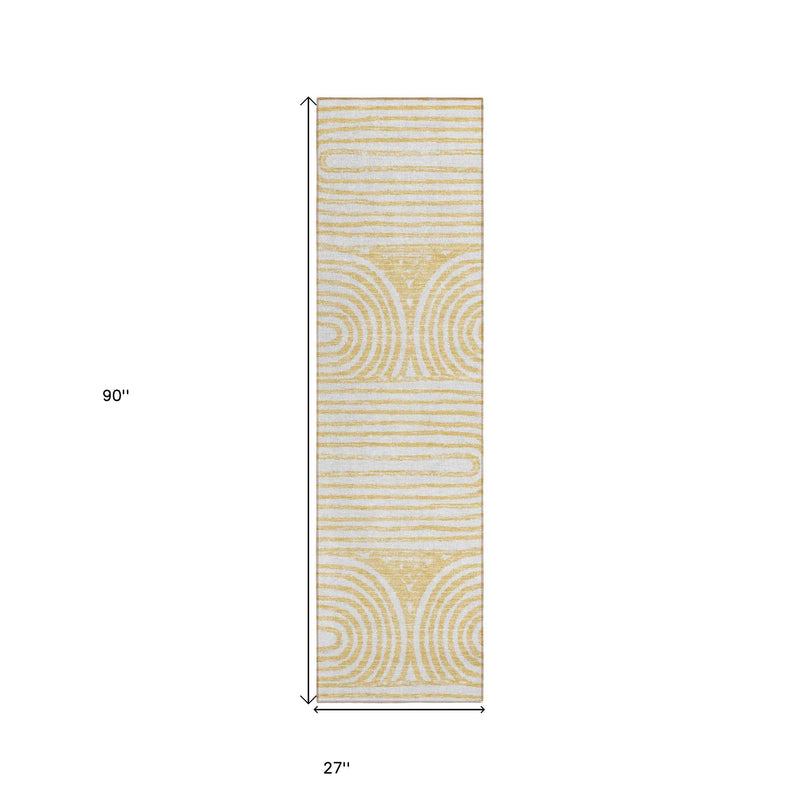 8' Runner Gold and White Abstract Washable Non Skid Indoor Outdoor Runner Rug