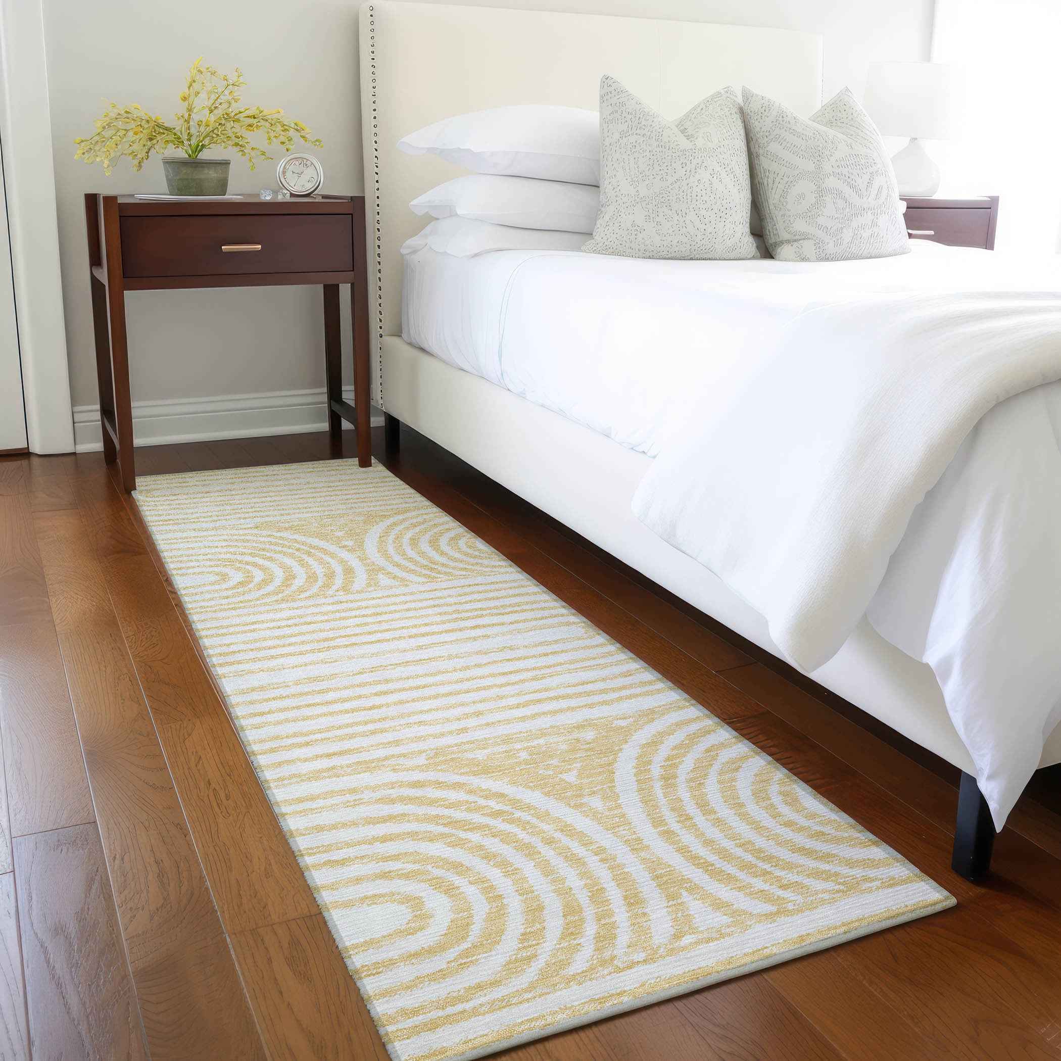 8' Runner Gold and White Abstract Washable Non Skid Indoor Outdoor Runner Rug