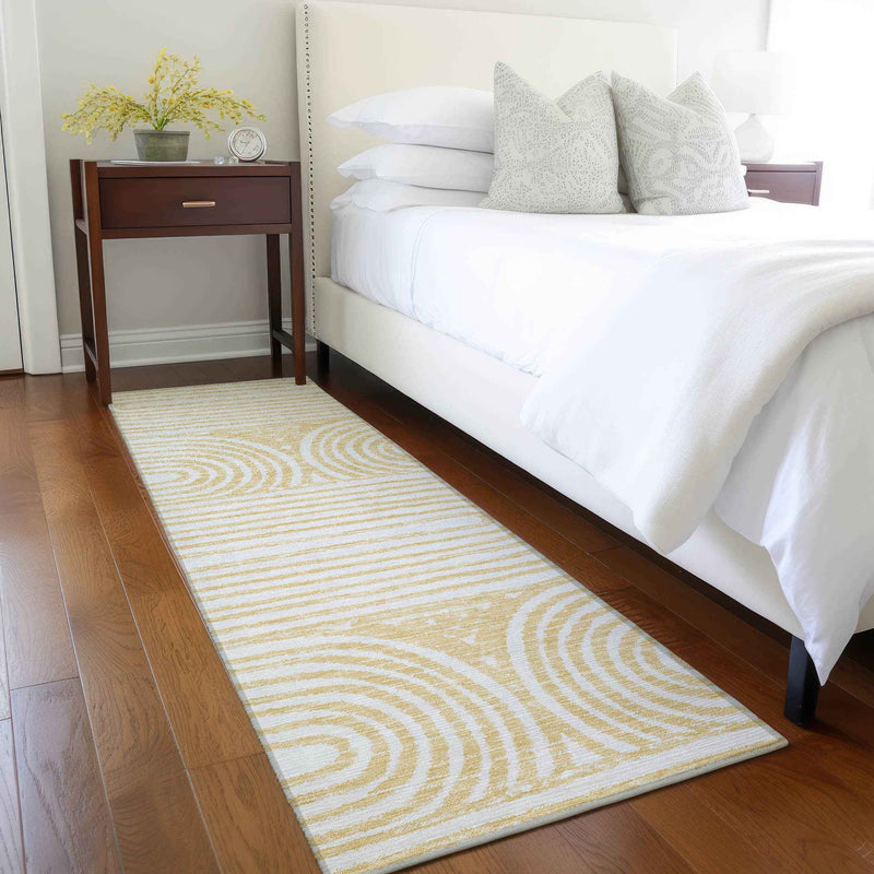 8' Runner Gold and White Abstract Washable Non Skid Indoor Outdoor Runner Rug