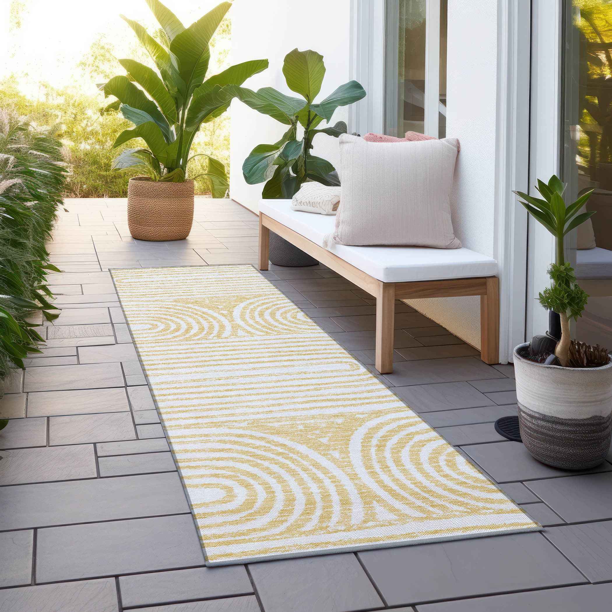 8' Runner Gold and White Abstract Washable Non Skid Indoor Outdoor Runner Rug