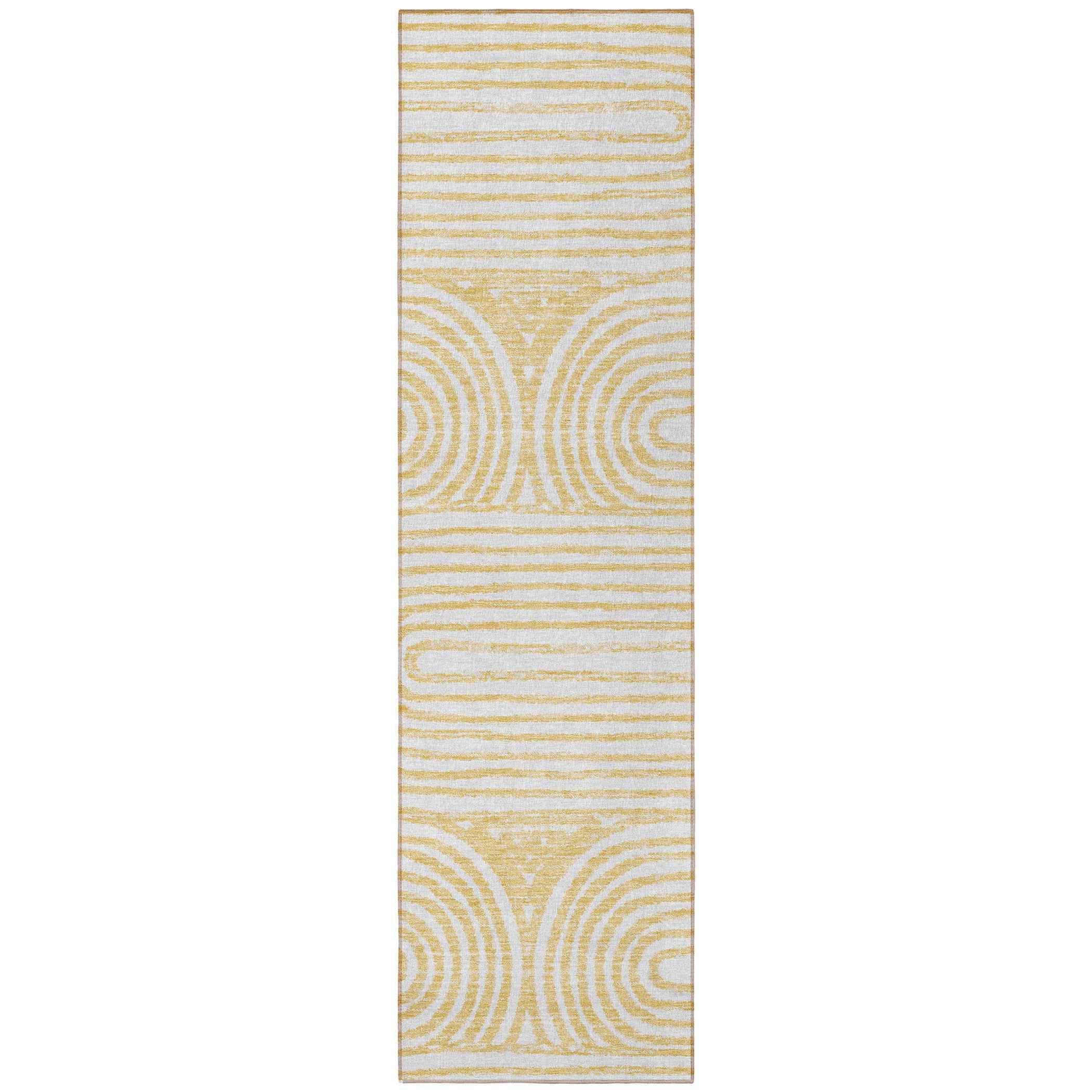 8' Runner Gold and White Abstract Washable Non Skid Indoor Outdoor Runner Rug
